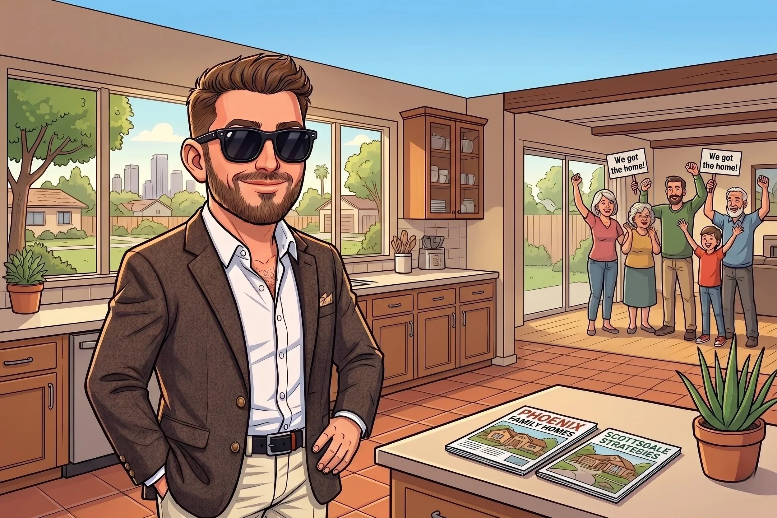 Cartoon illustration of a Phoenix real estate agent in a kitchen with a family celebrating buying a home.