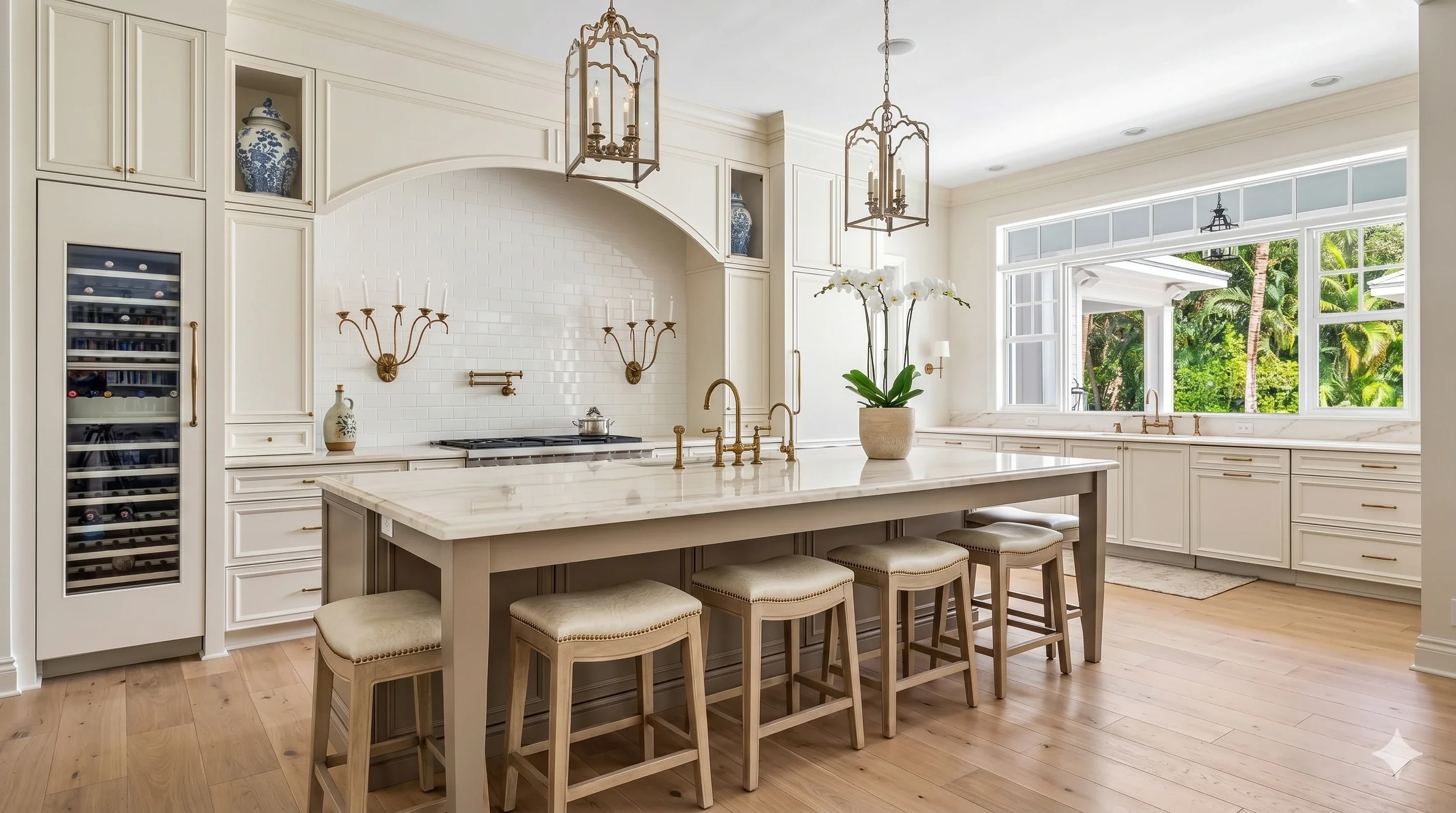 Modern luxury kitchen in a Phoenix home featuring a large marble island, white cabinetry, and elegant pendant lighting by Bryant Real Estate.