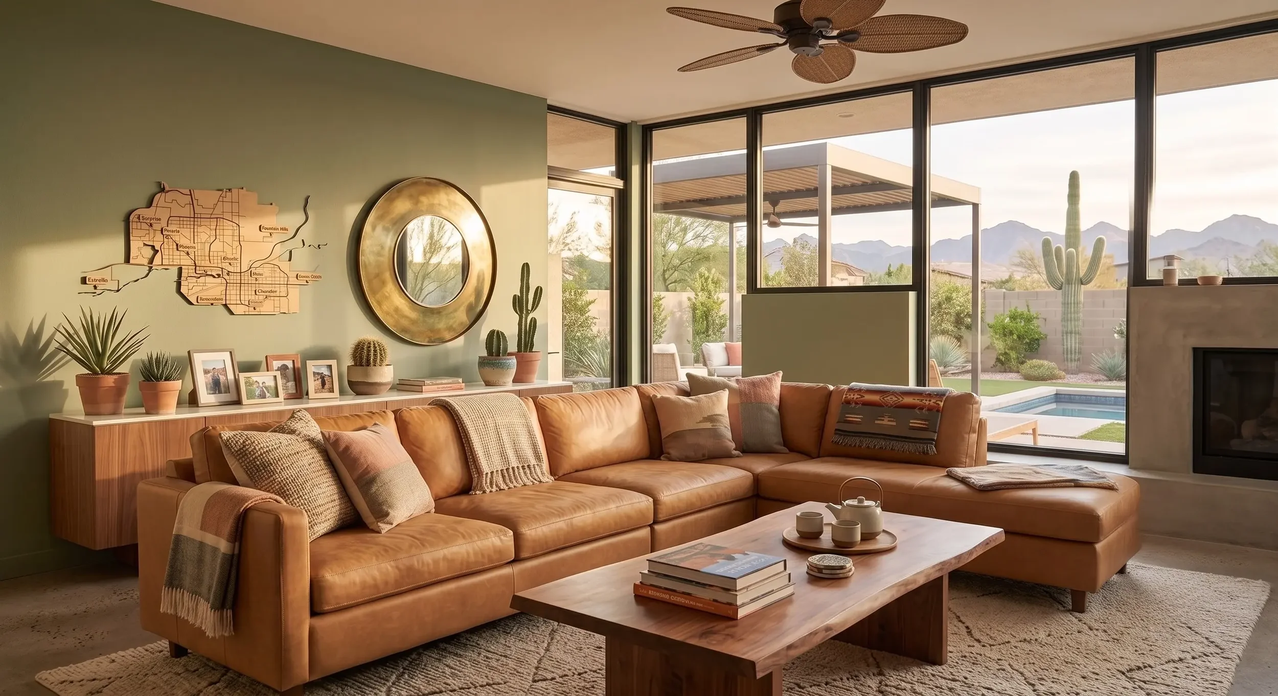 Modern southwestern living room featuring a tan leather sectional, designed to showcase properties represented by our Phoenix real estate team.