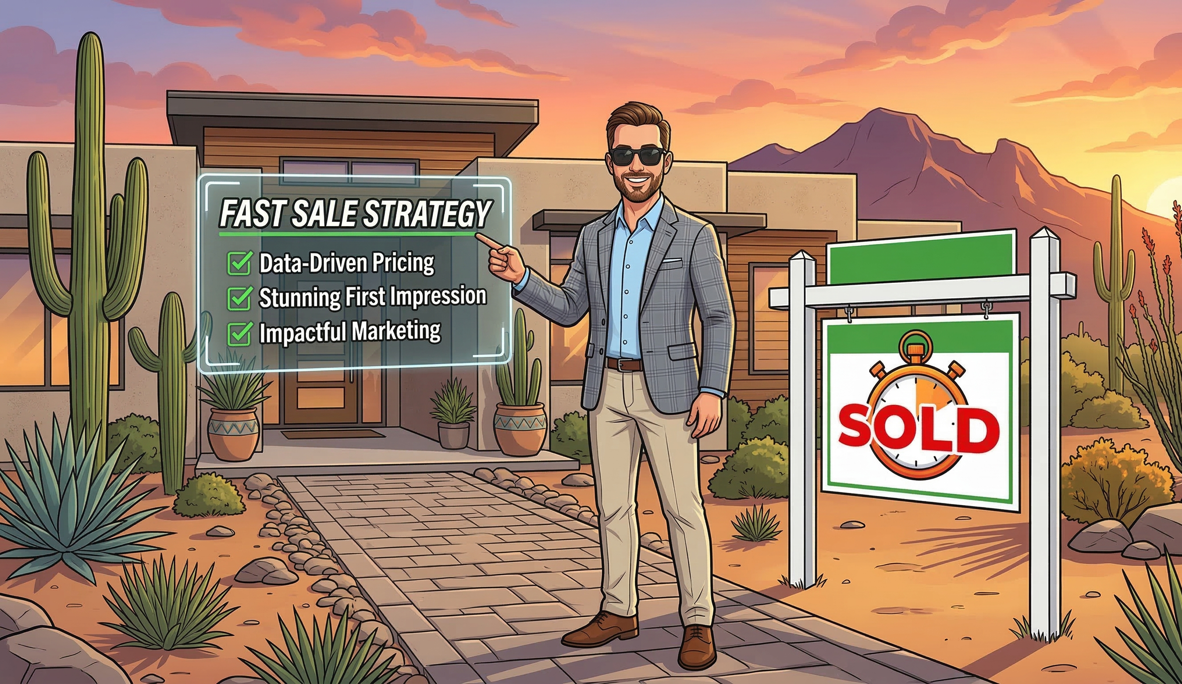 Vector art of a realtor showcasing a Fast Sale Strategy featuring data-driven pricing and impactful marketing in front of a modern Arizona house with a "SOLD" sign.