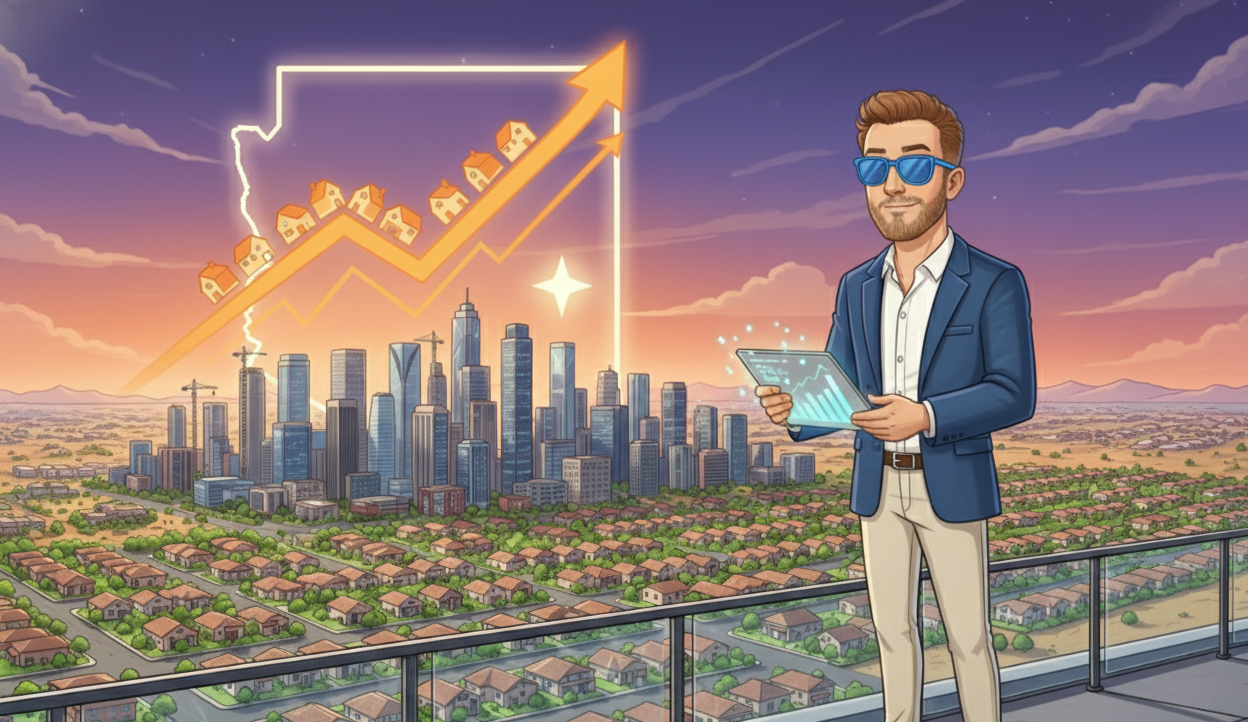 Digital illustration of a real estate expert monitoring the 2026 Arizona housing market growth trends, featuring a Phoenix skyline and suburban expansion background.
