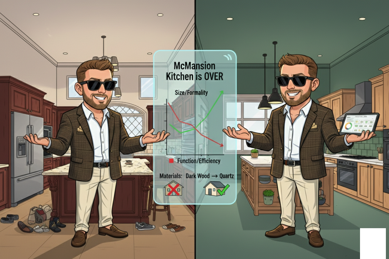 Illustration comparing 2006 McMansion kitchen with dark wood to a 2026 modern functional kitchen with color drenching and quartz.