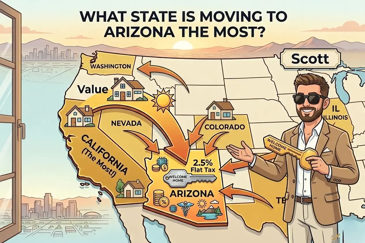 Infographic map showing migration trends to Arizona, highlighting California as the top state moving there and noting Arizona's 2.5% flat tax.