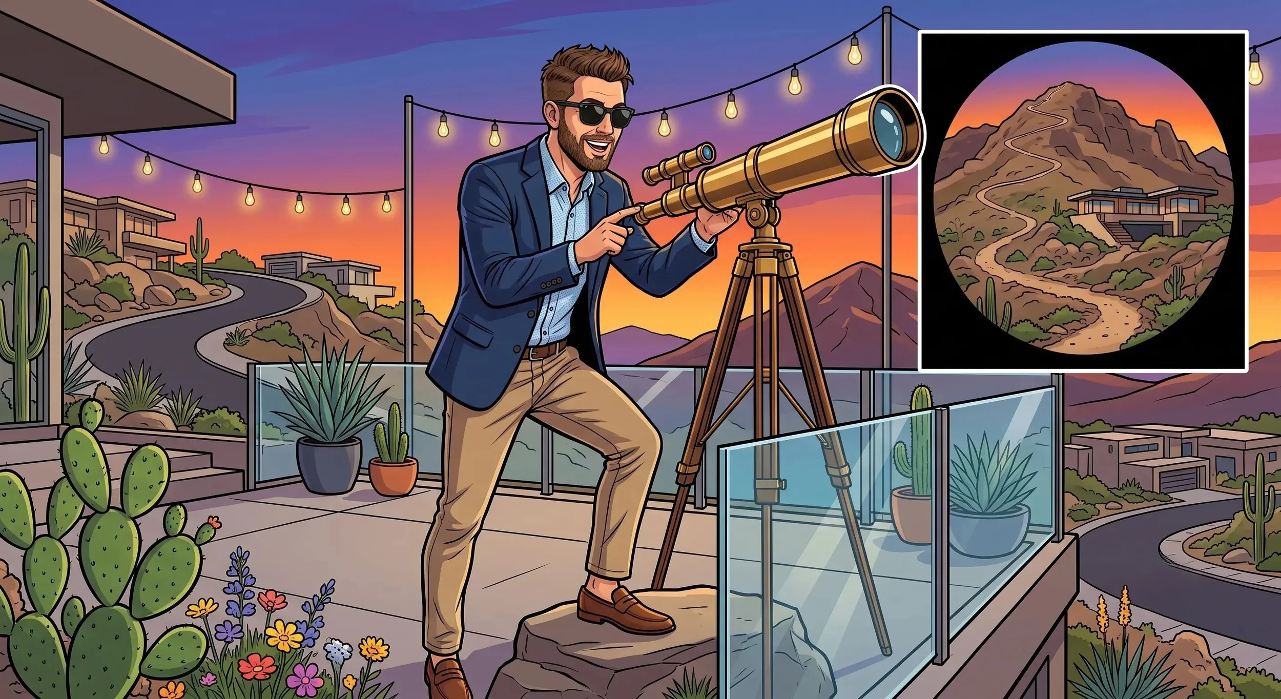 An illustrated real estate agent with a telescope looking at a luxury modern home on a desert hillside in Phoenix, Arizona.