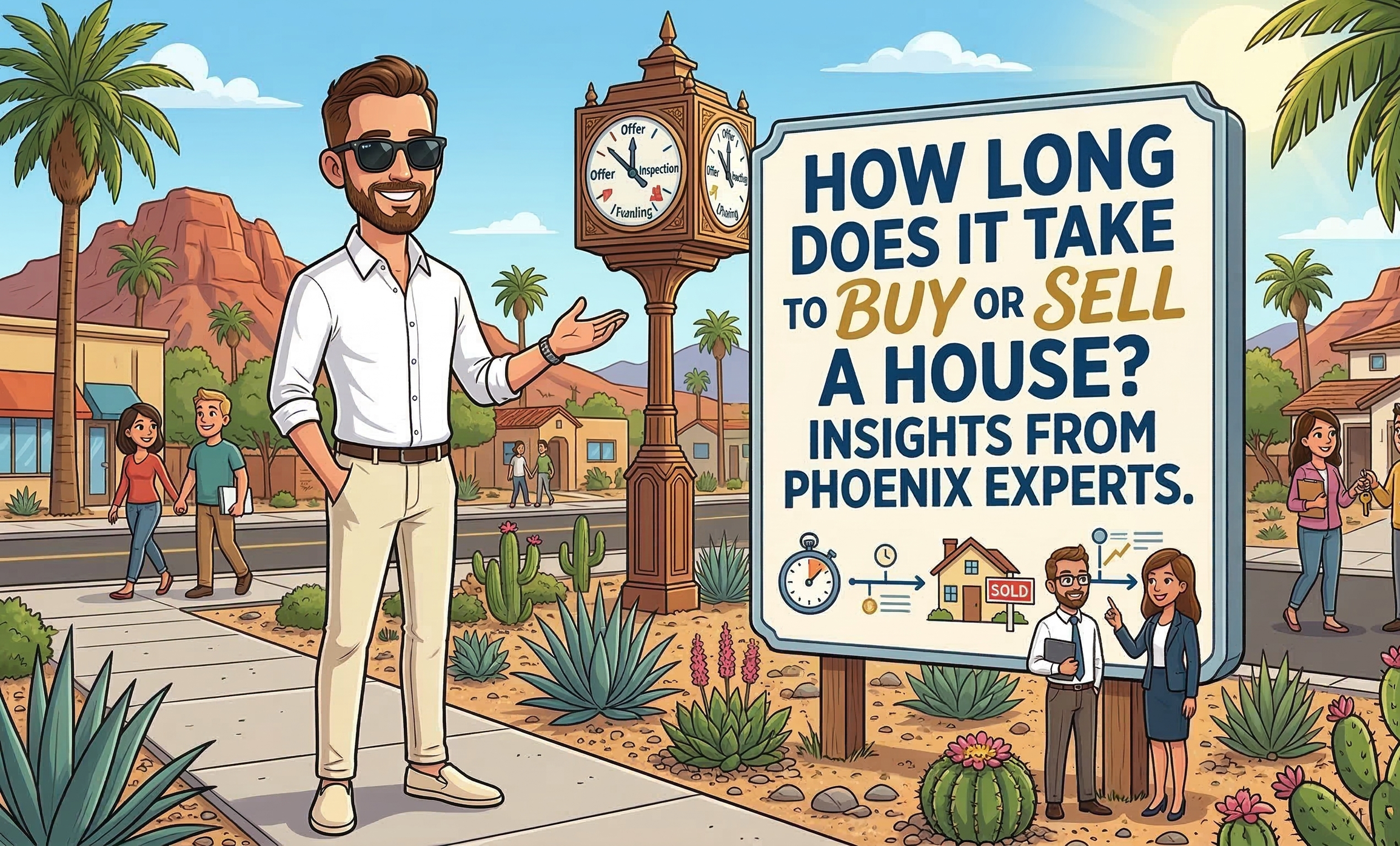 A cartoon of real estate expert Scott Bryant in Ray-Ban sunglasses and cream attire, standing in a sunny Phoenix landscape next to a large sign titled "How Long Does It Take to Buy or Sell a House? Insights From Phoenix Experts."