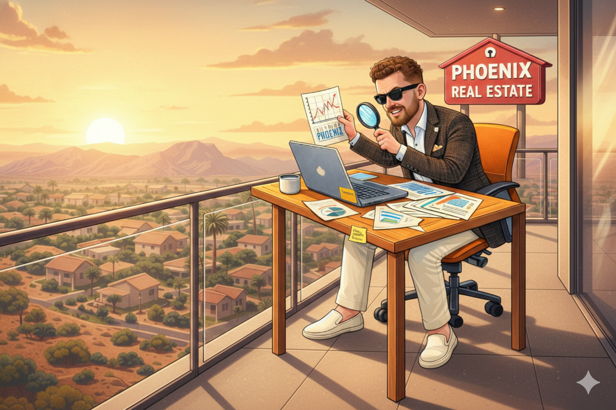 Digital illustration of a real estate professional resembling Scott Bryant sitting on a high-rise balcony overlooking the Phoenix, Arizona skyline at sunset, reviewing housing market charts with a laptop and a sign reading “Phoenix Real Estate”