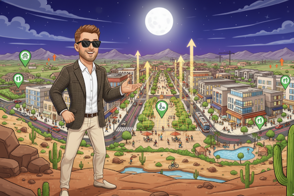 A cartoon illustration of a real estate professional standing in a desert landscape, overlooking a vibrant, modern master-planned community under a full moon.