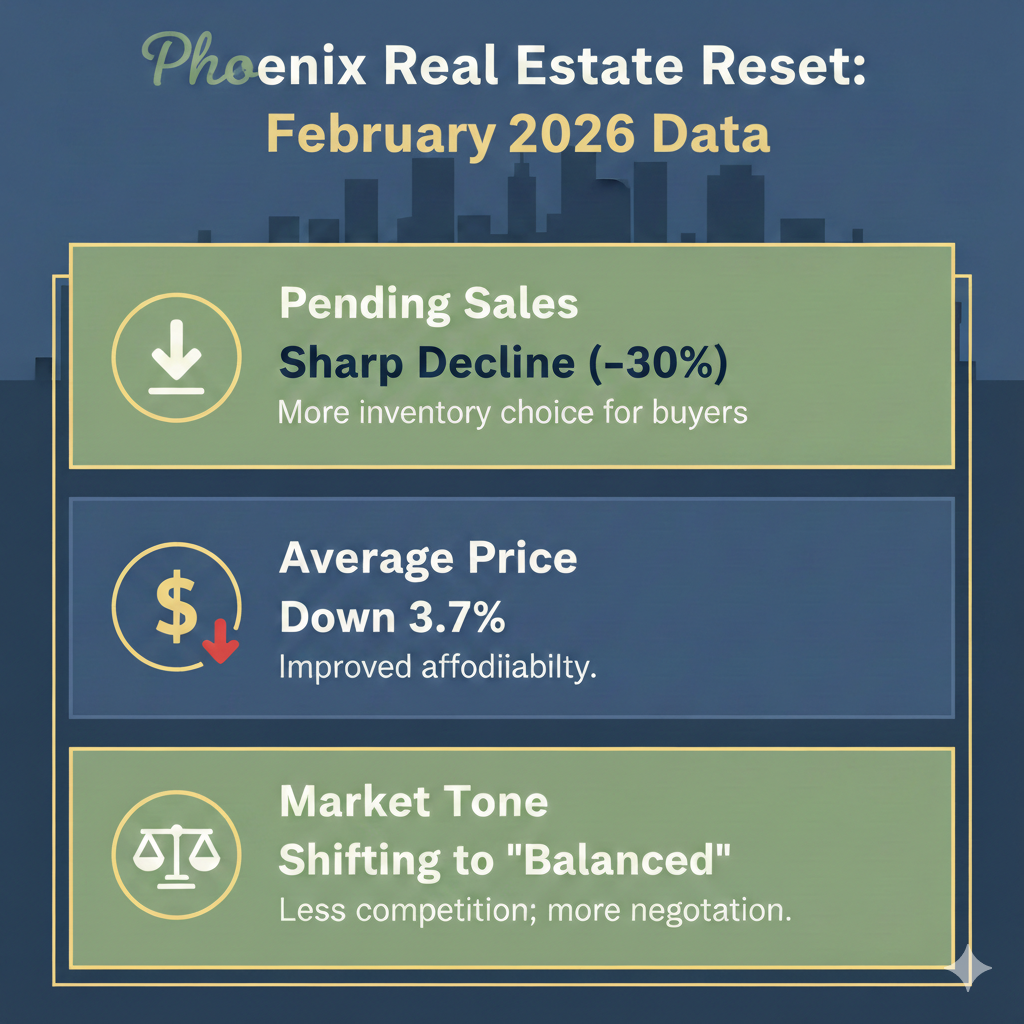 Phoenix real estate market data infographic for February 2026 showing a 30% decline in pending sales and 3.7% drop in average home prices.
