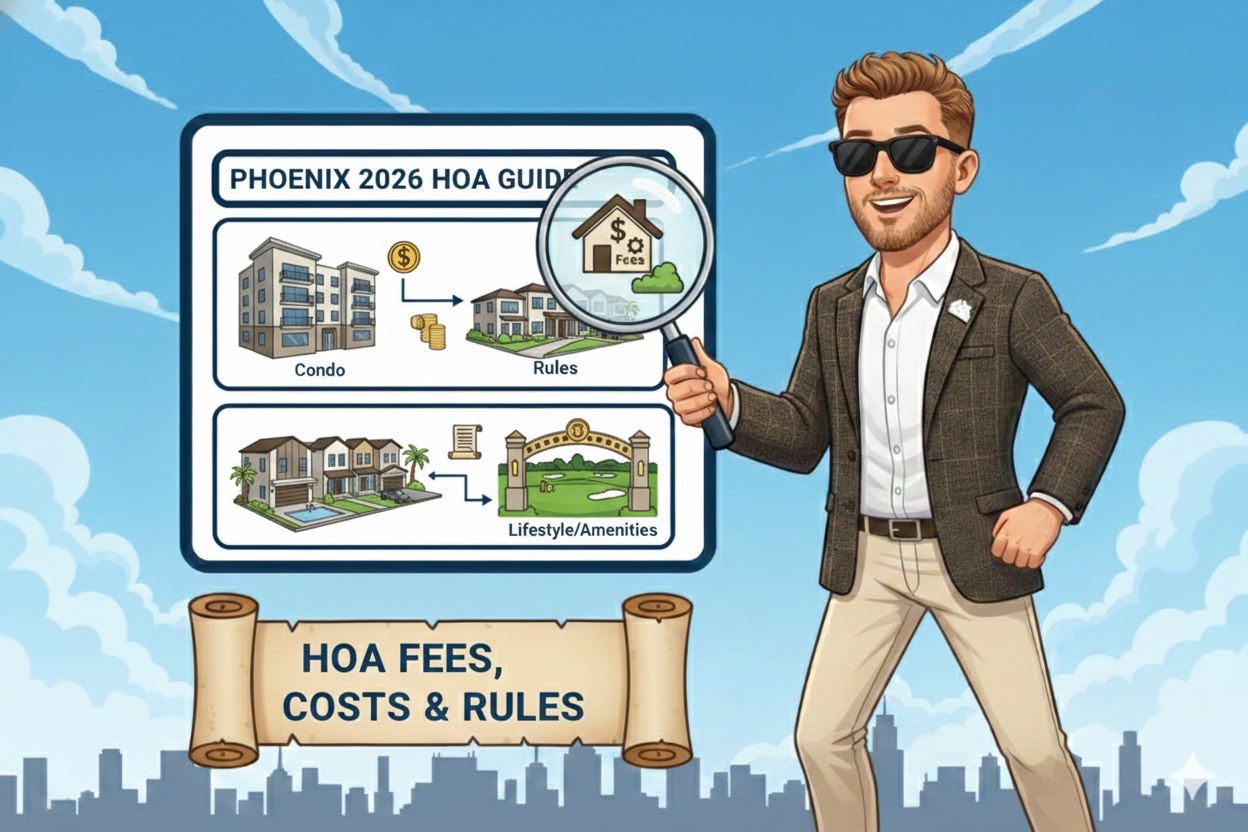 An illustrated guide to Phoenix 2026 HOA fees, featuring a stylish man in a blazer and sunglasses standing against a blue sky with a city skyline.