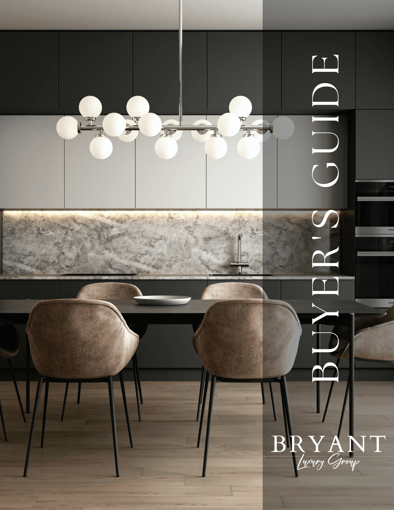 Bryant Luxury Group Buyer's Guide cover showing a contemporary luxury dining room interior design in Phoenix.