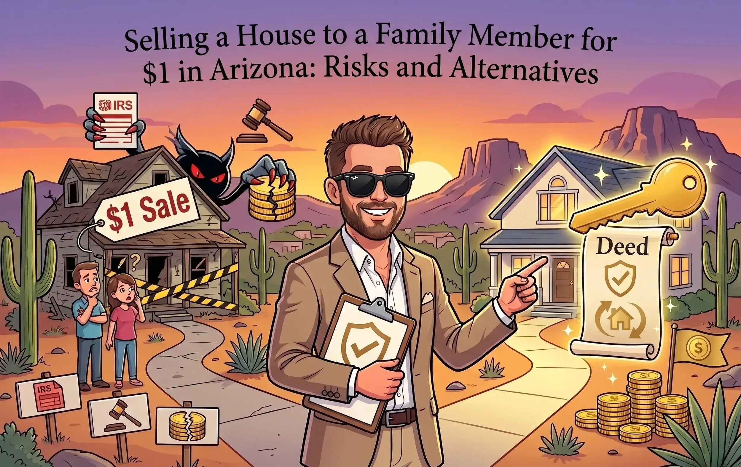 Cartoon illustration contrasting the risks of a $1 home sale with the benefits of an Arizona Beneficiary Deed.