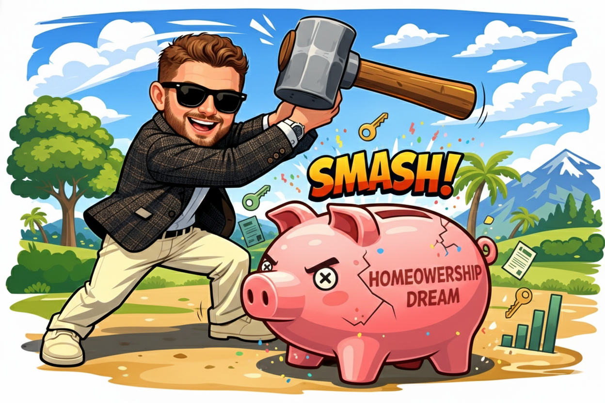 Cartoon illustration of a professional realtor in Phoenix using a large mallet to break open a pink piggy bank labeled 'Homeownership Dream' to access savings for a down payment.