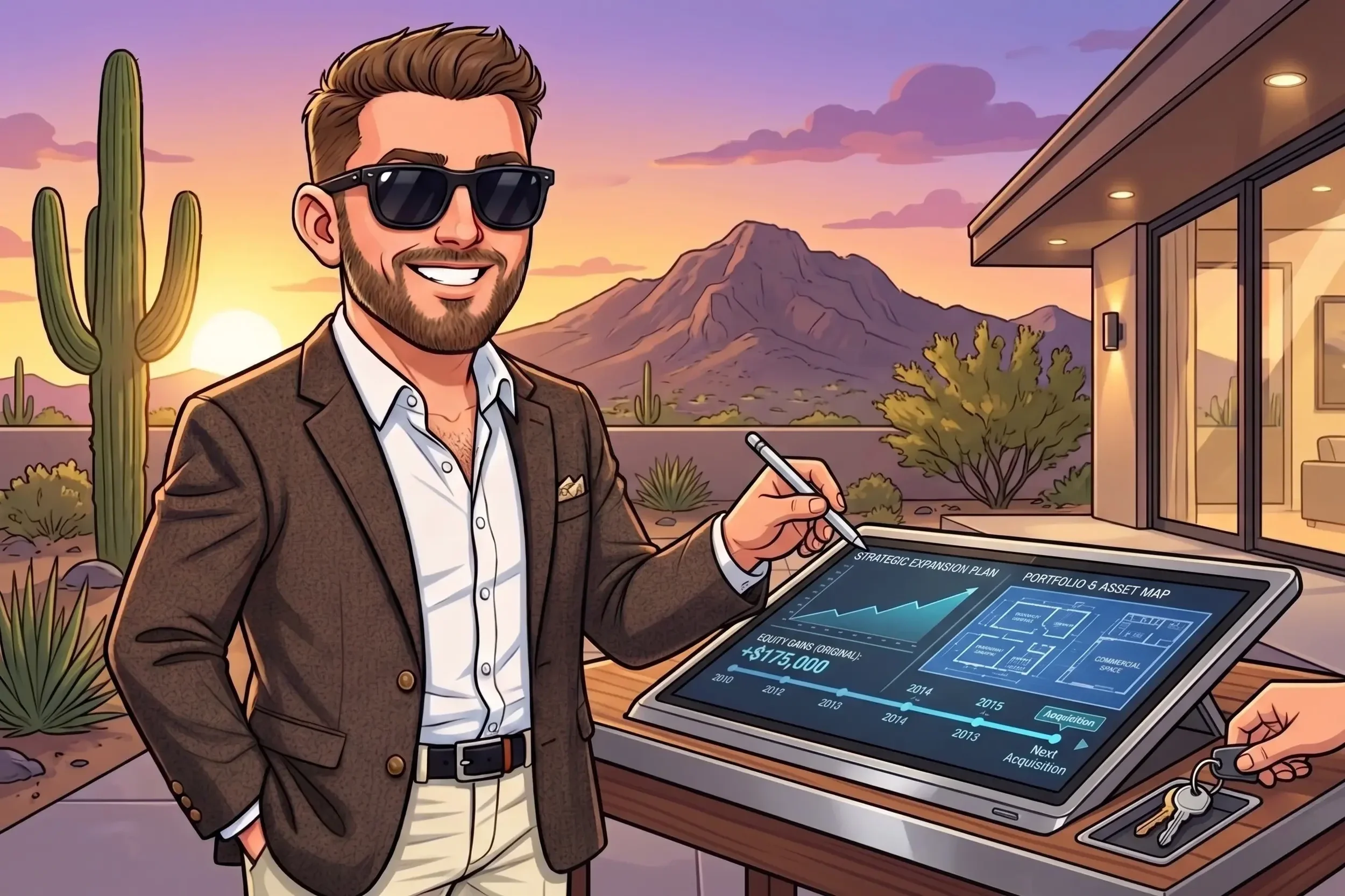 Cartoon illustration of a smiling male real estate agent in sunglasses and a brown blazer, pointing to a digital property investment timeline with a desert and cactus background.
