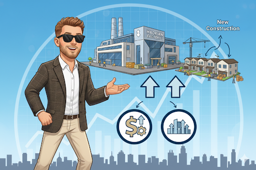 This illustration depicts the economic impact of Hadrian’s Factory 3 on the Mesa, Arizona real estate market.