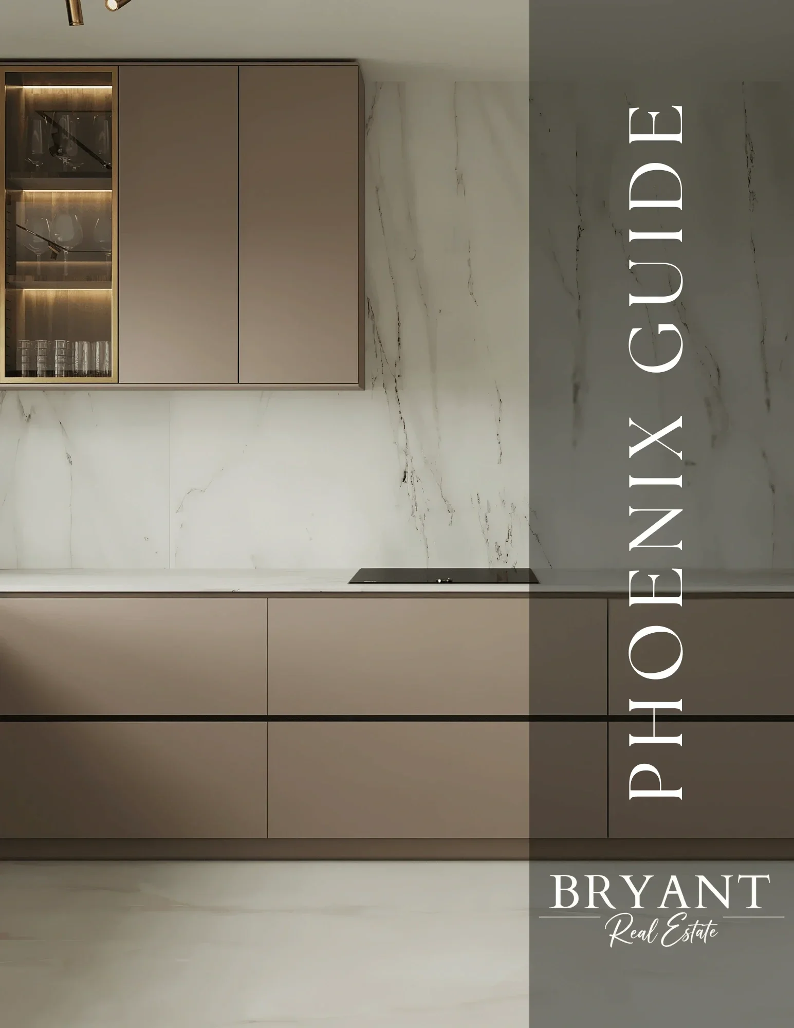 Bryant Real Estate Phoenix Guide cover featuring a contemporary minimalist kitchen design.