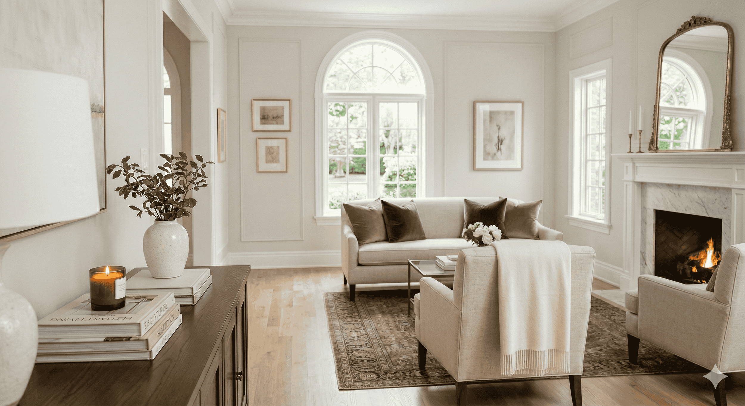 Staged luxury living room with neutral decor, marble fireplace, and large arched windows for Bryant Real Estate home selling services