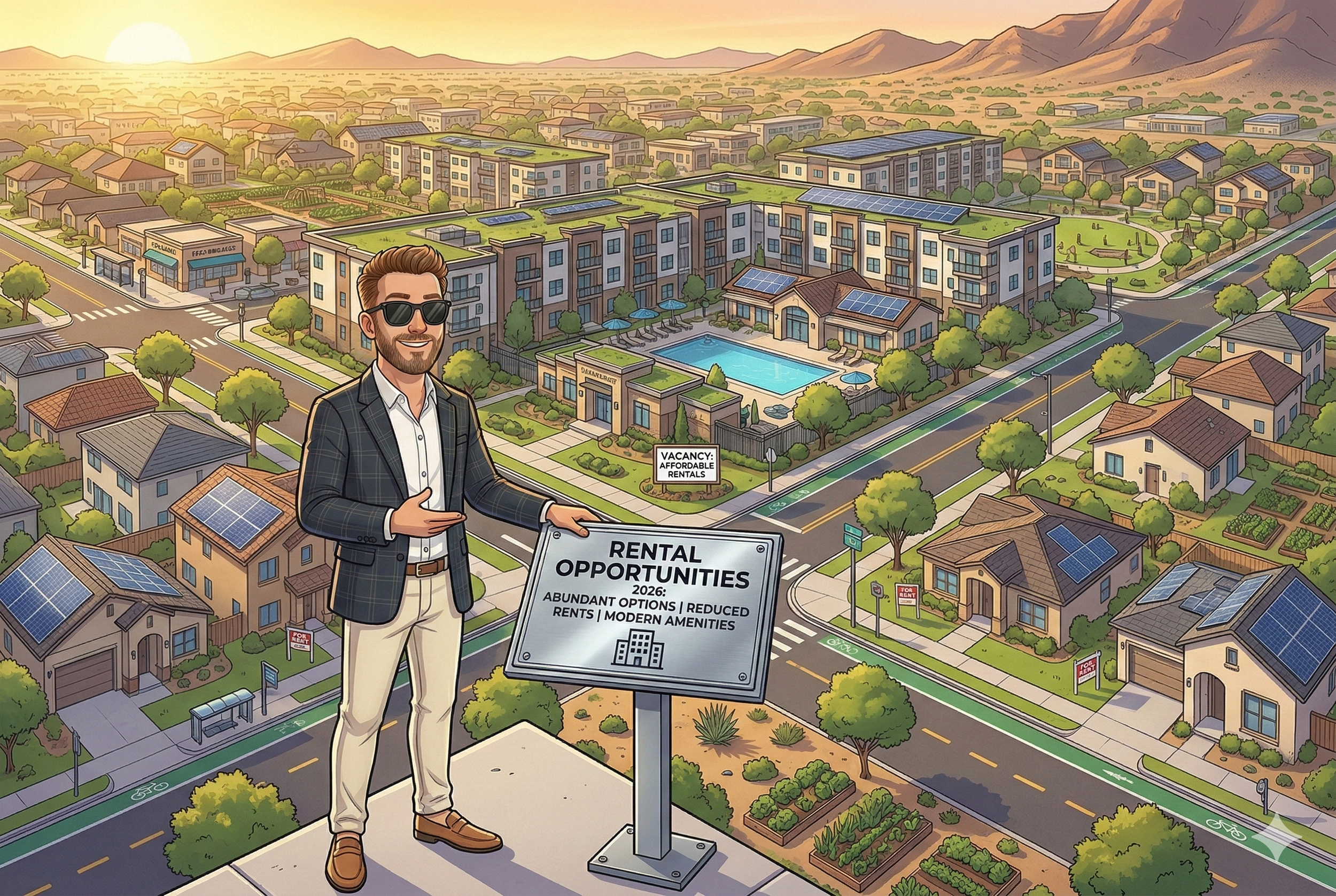 Aerial view of Phoenix neighborhoods showing apartments and single-family homes, illustrating improved rent affordability and rental options in 2026.