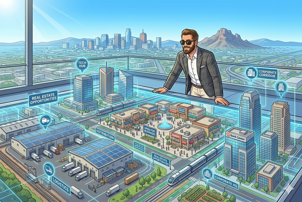 Scott Bryant reviewing commercial development plans at a Phoenix construction site with industrial warehouses and retail buildings in the background.