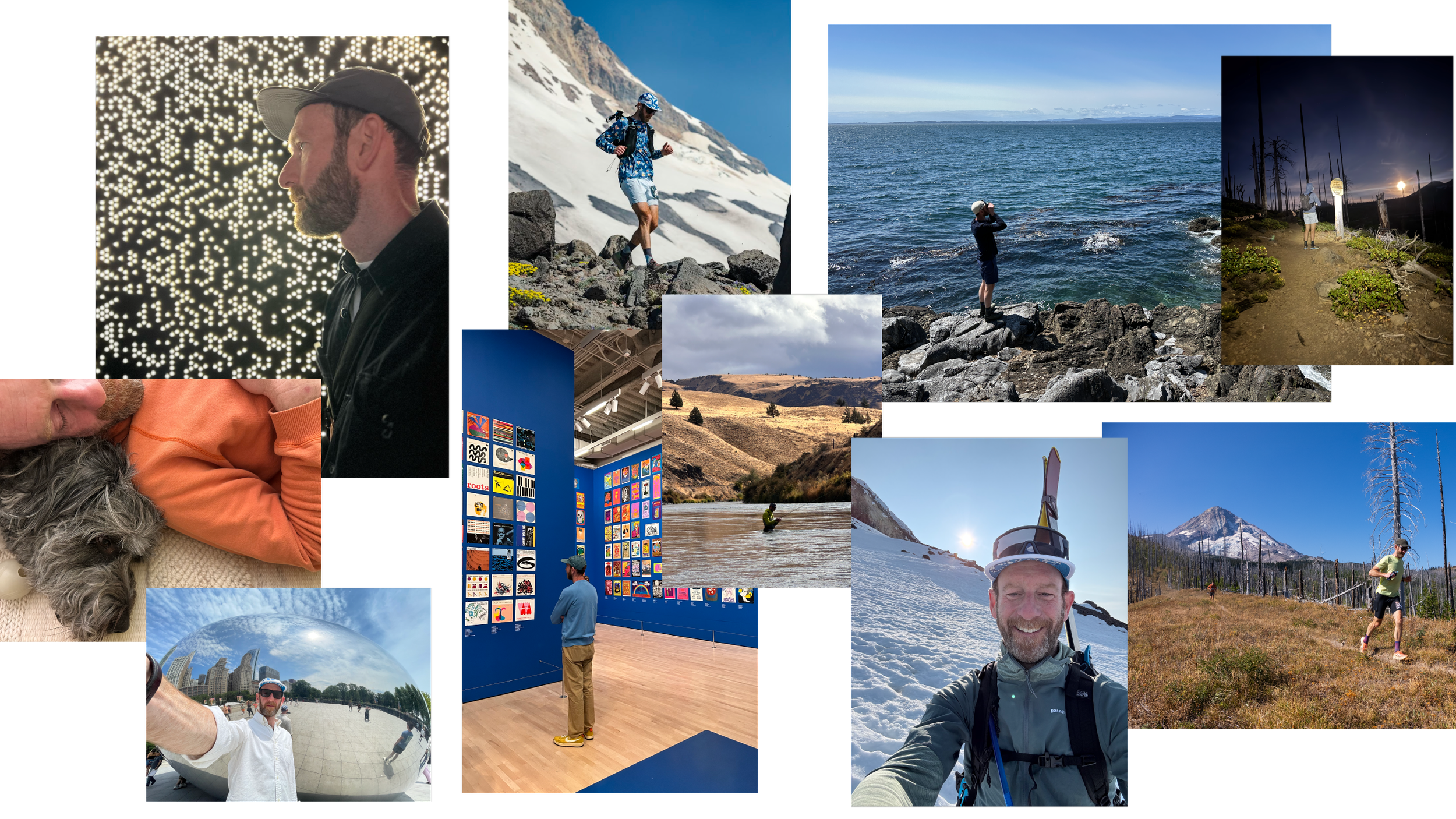Collage of outdoor and travel scenes, including people hiking and exploring, scenic landscapes with mountains, lakes, and forests, an art gallery exhibit, and a man taking a selfie in front of an iconic reflective sculpture.