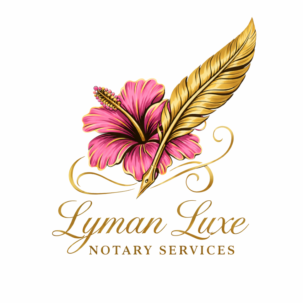 A logo for Lyman Luxe Notary Services featuring a pink hibiscus flower with a golden quill pen and a golden feather.