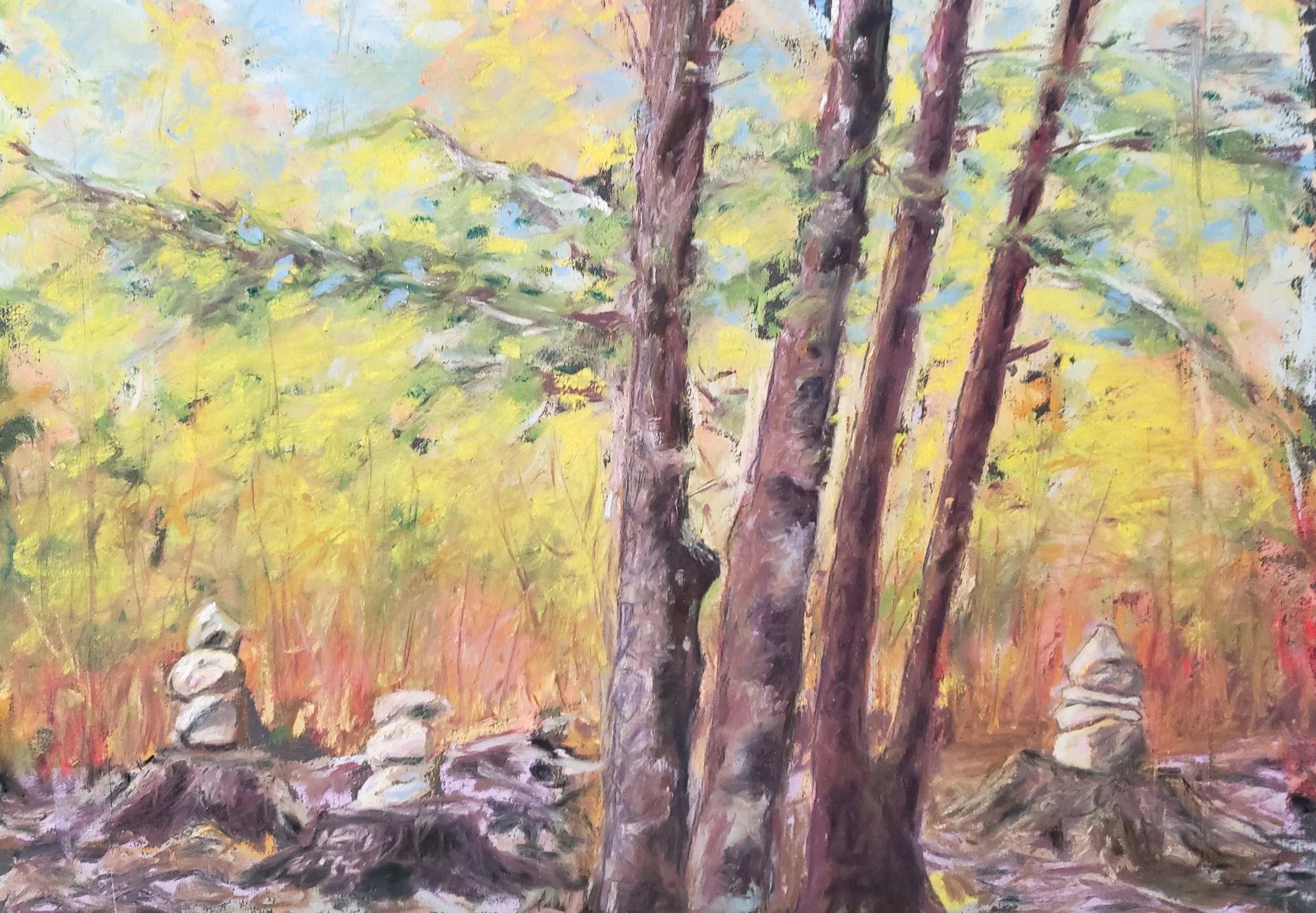 Molly's Cairns in the Wood, pastel.