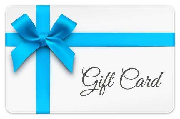 A gift card with a blue ribbon and bow, and the words 'Gift Card' written on it.