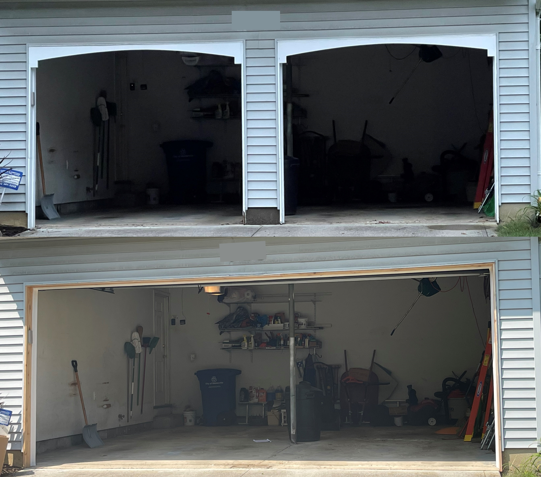 Two stacked images: Top image is two smaller garage door openings side-by-side and bottom image is single large opening in the same building