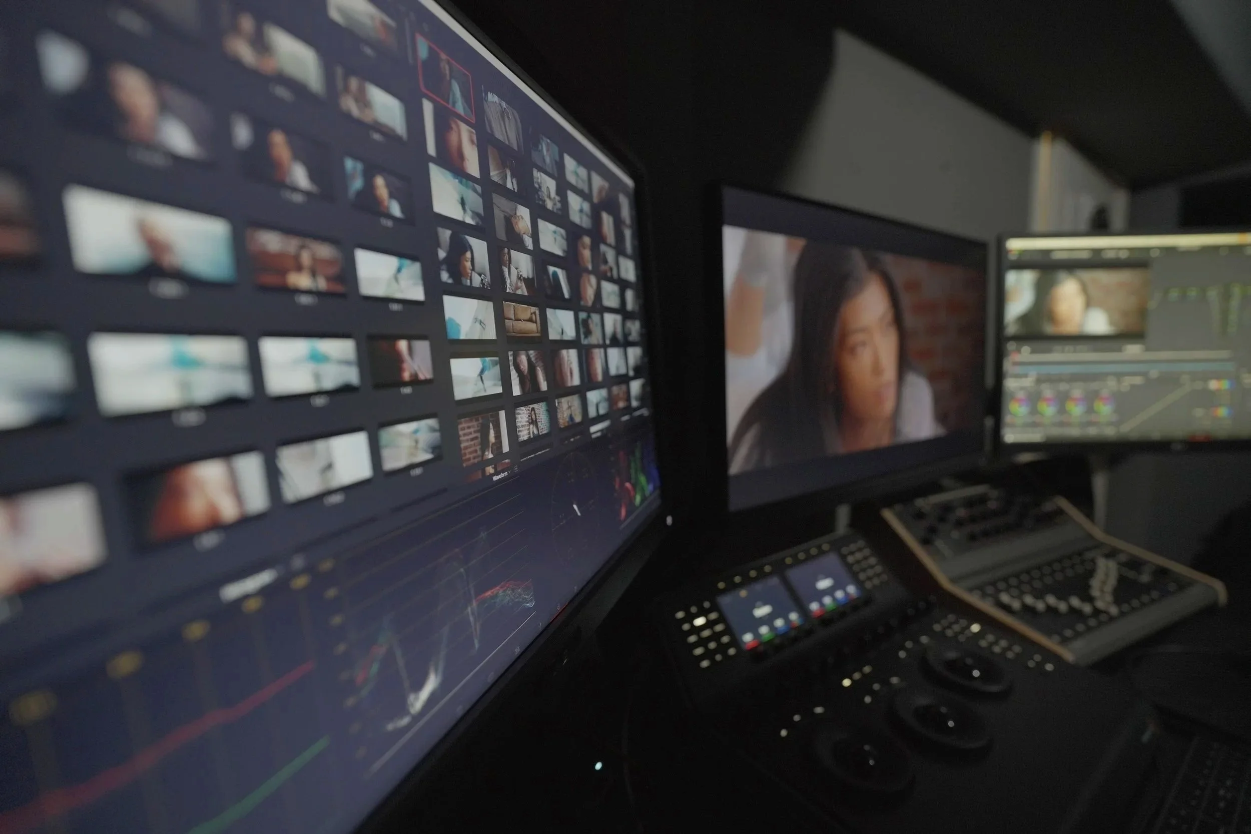 Video editing workspace with multiple monitors showing video clips, editing software with color correction tools, and a woman on a screen in the background.