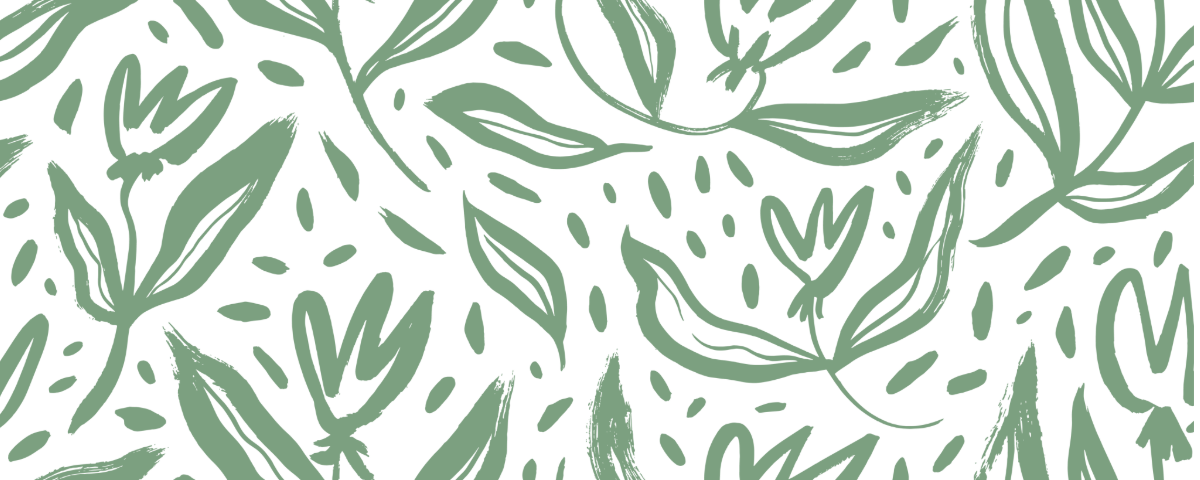 Pattern of green leaves and flowers on a black background.