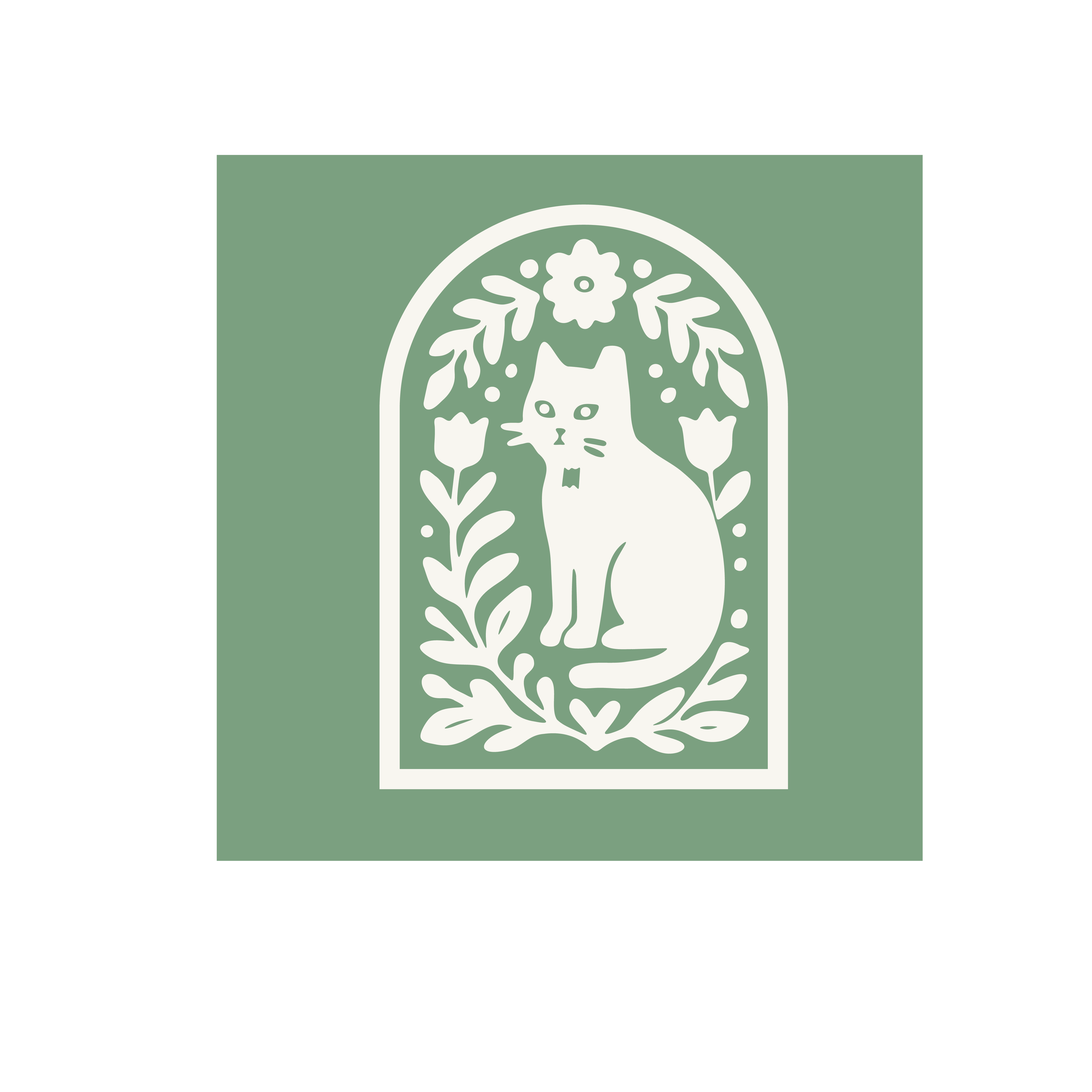 Stylized illustration of a white cat sitting inside an arched frame with floral and leaf motifs on a green background.