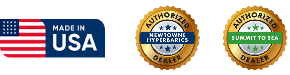 Series of logos and badges, including 'Made in USA', and authorized dealer badges for Newtone Hyperbarics and Summit to Sea.