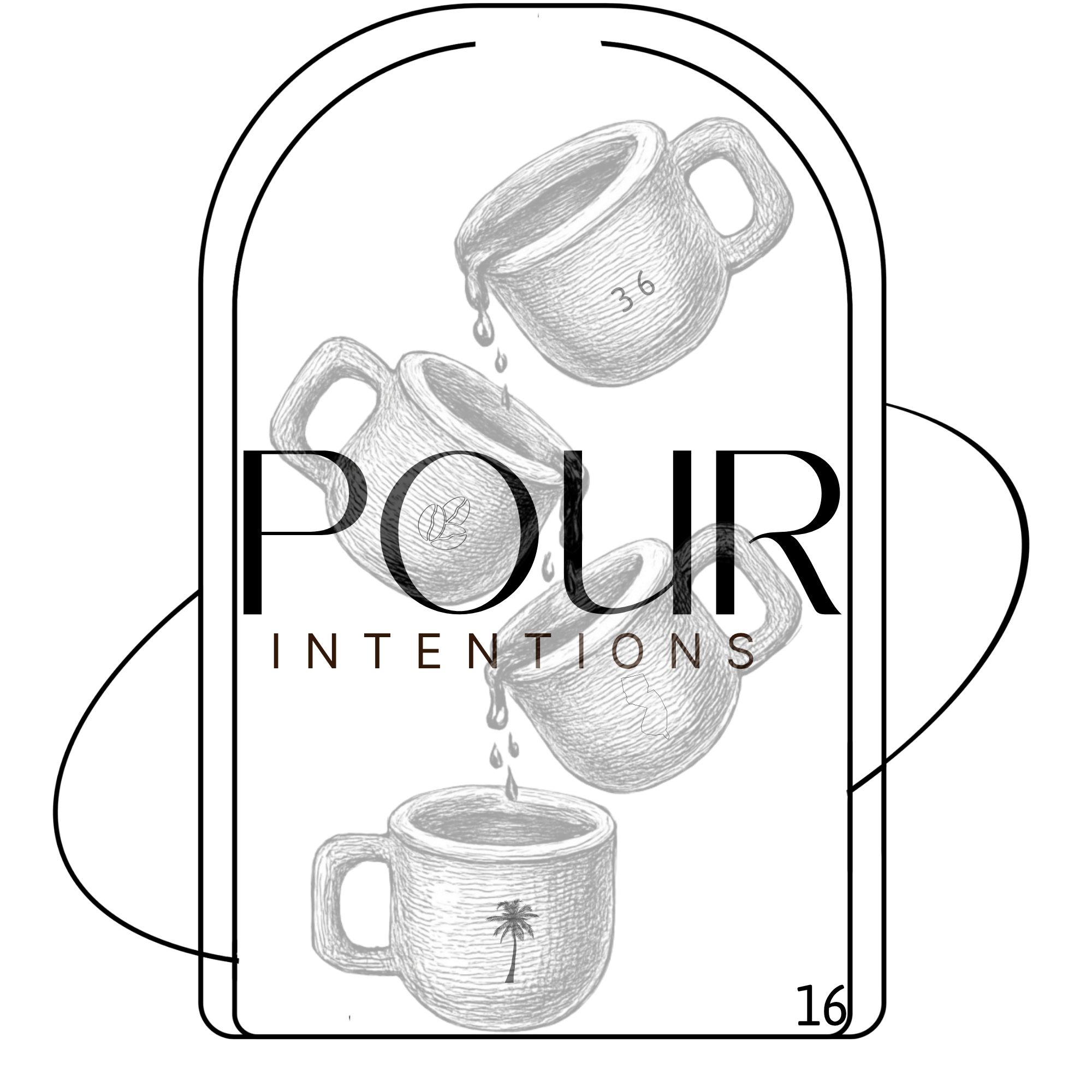 Black and white illustration of a coffee mug with the number 36 on it, pouring coffee into a matching mug, with a cactus plant on the mug's body, and a small leaf or plant decoration on the bottom mug.