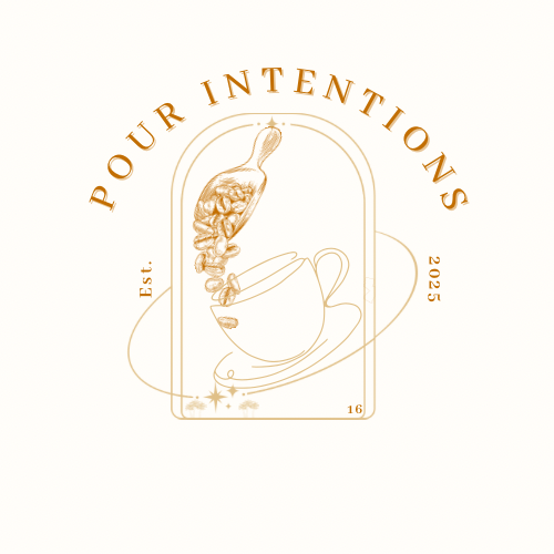 A minimalist logo featuring a hand pouring coffee into a cup with steam rising above, accompanied by the text 'Pour Intentions' and 'Est. 2025'.