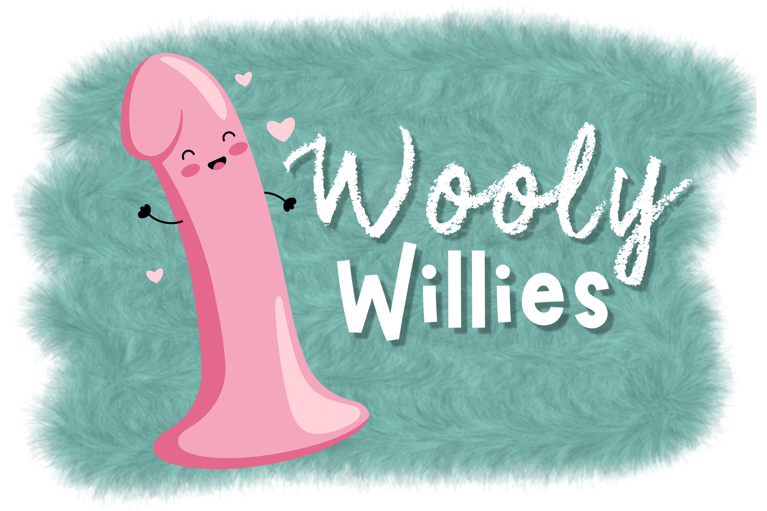 A fluffy teal-colored fuzzy pillow with a pink cartoon penis character smiling, surrounded by small hearts, and the text "Wooly Willies" written on it.