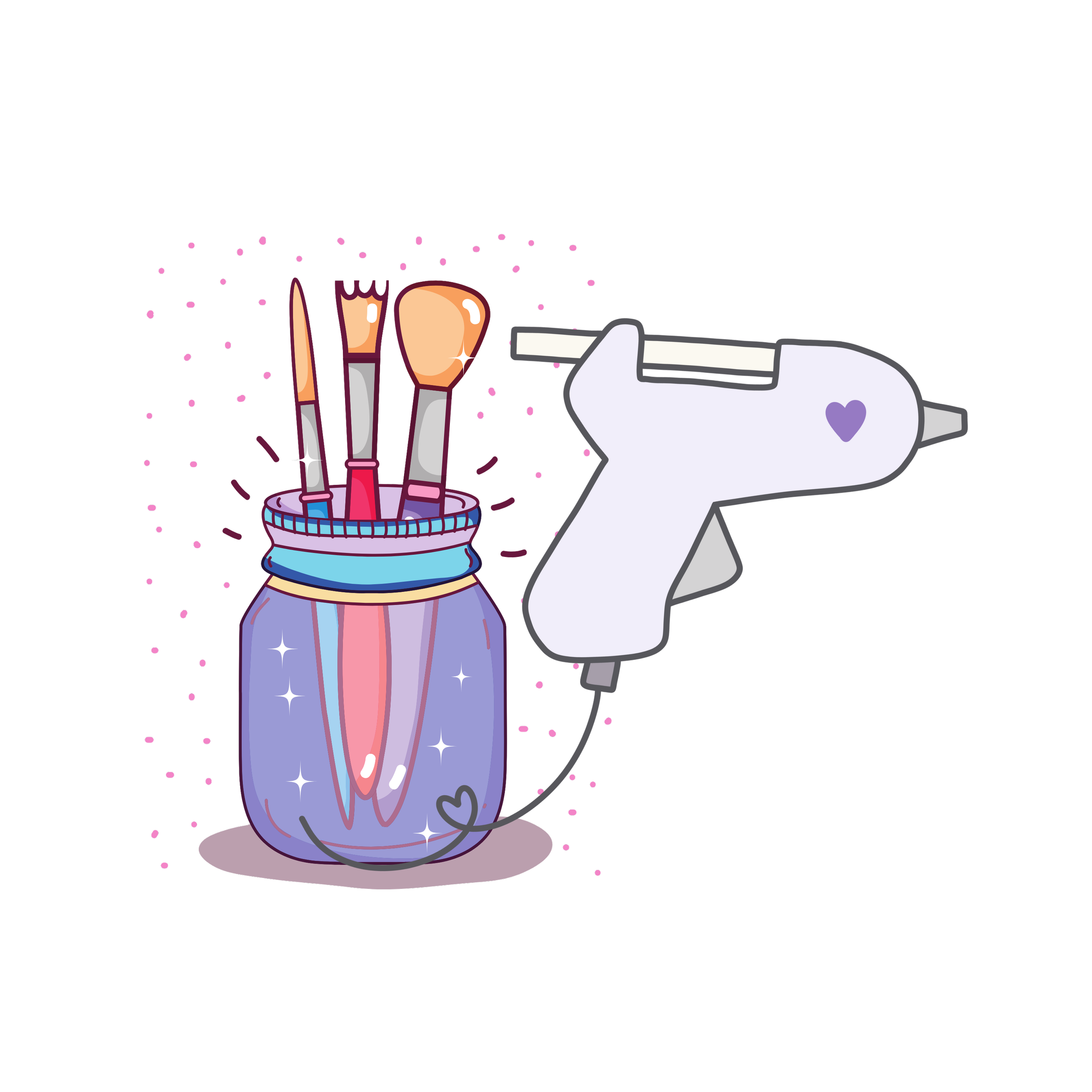 A jar with three paintbrushes and a glue gun attached by a string, decorated with a purple heart.
