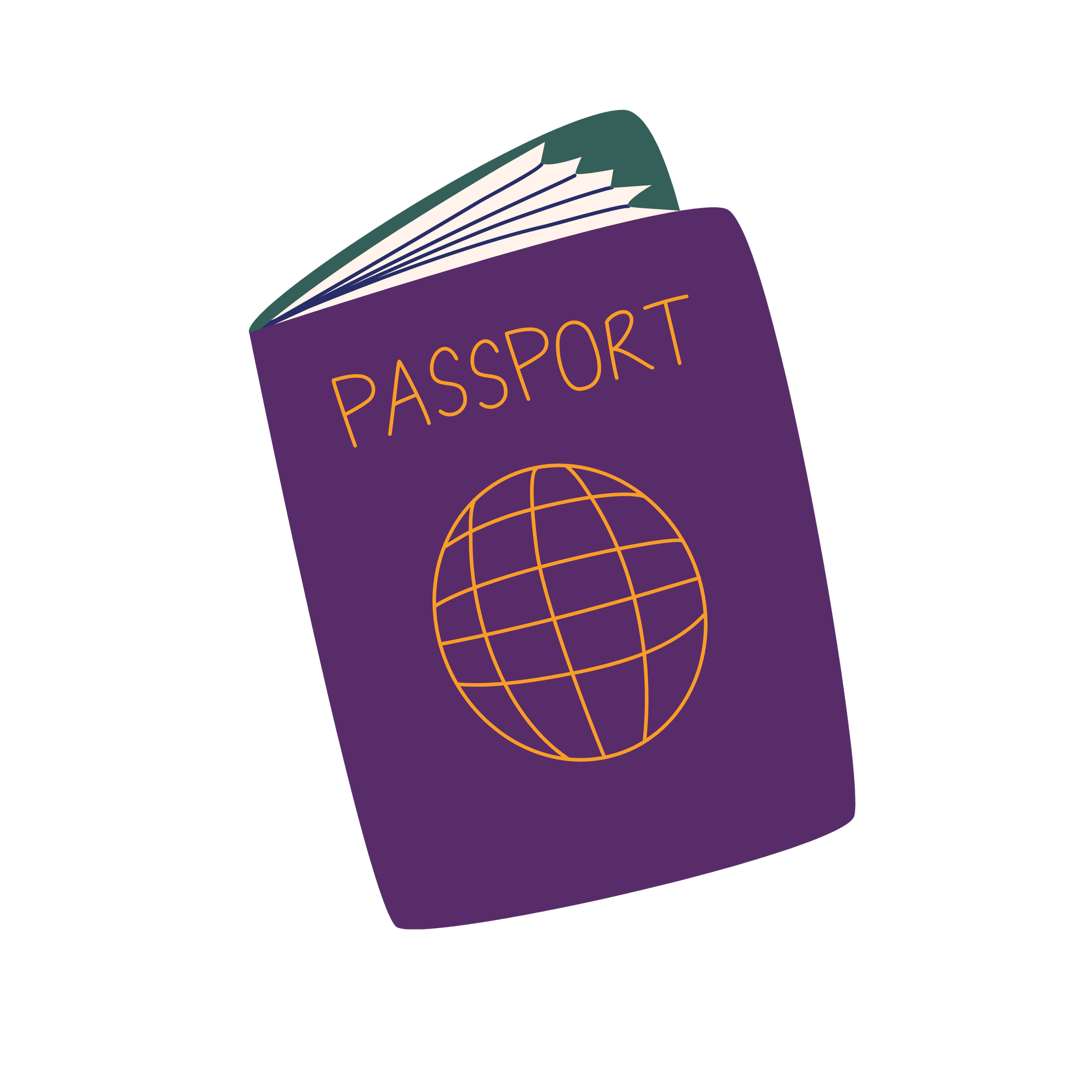 Illustration of a purple passport with an orange globe symbol on it, partially open showing pages.