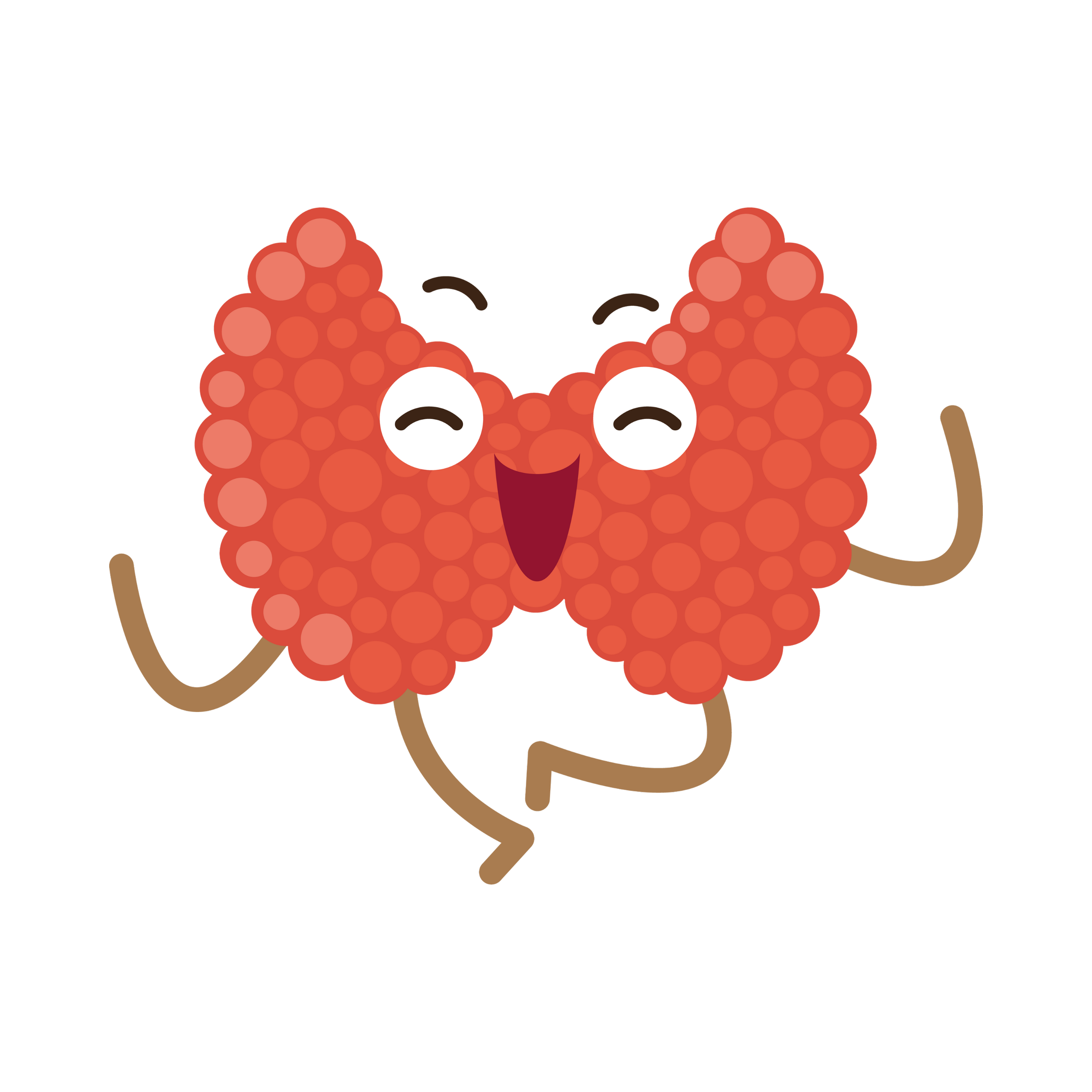 Cartoon illustration of a happy, smiling hockey puck character with raspberry-like texture, arms raised, and a blue stick in one hand.