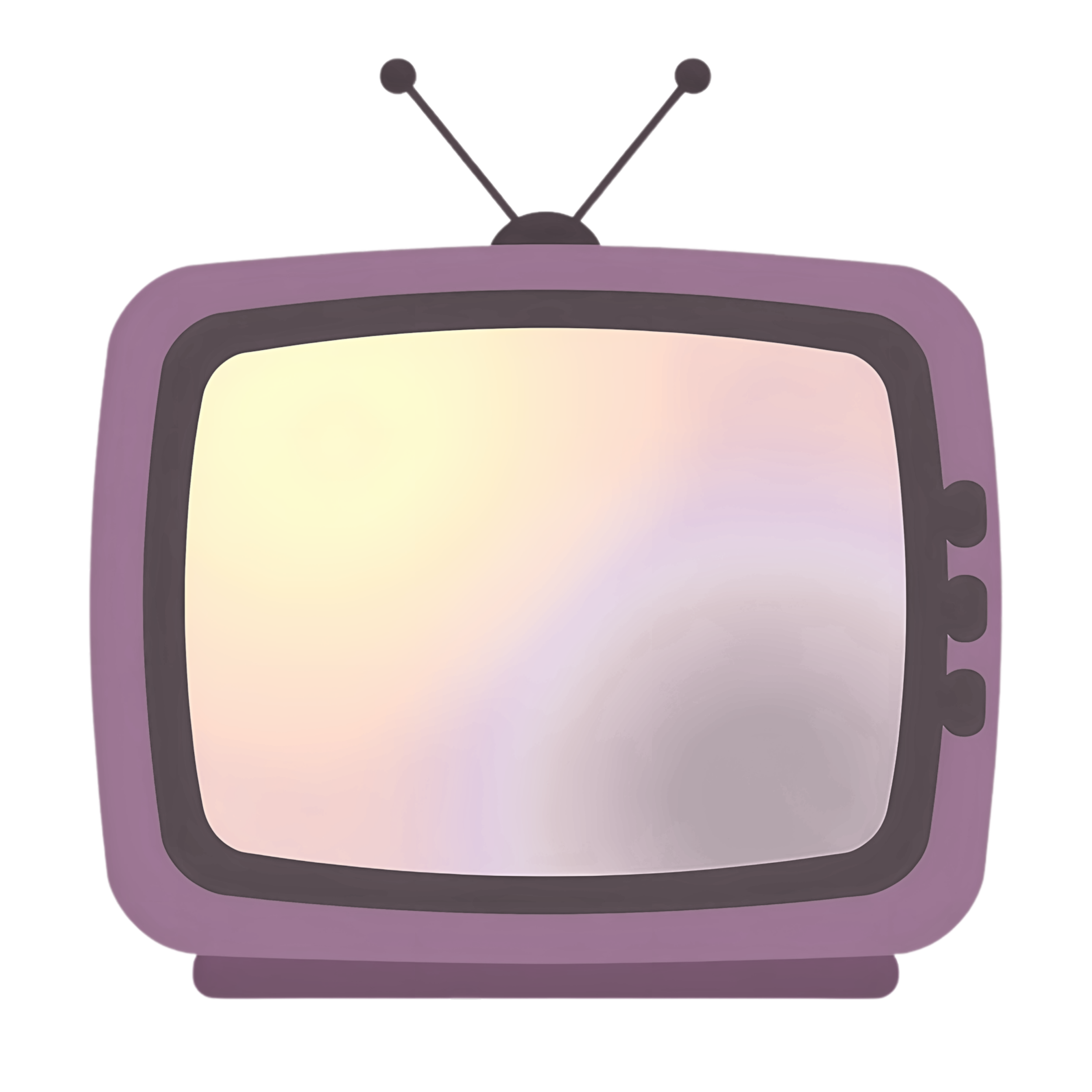 A retro-style television set with a purple frame and four control knobs on the right side. The screen is turned off, showing a blank, light-colored display. The TV has two antennae on top.