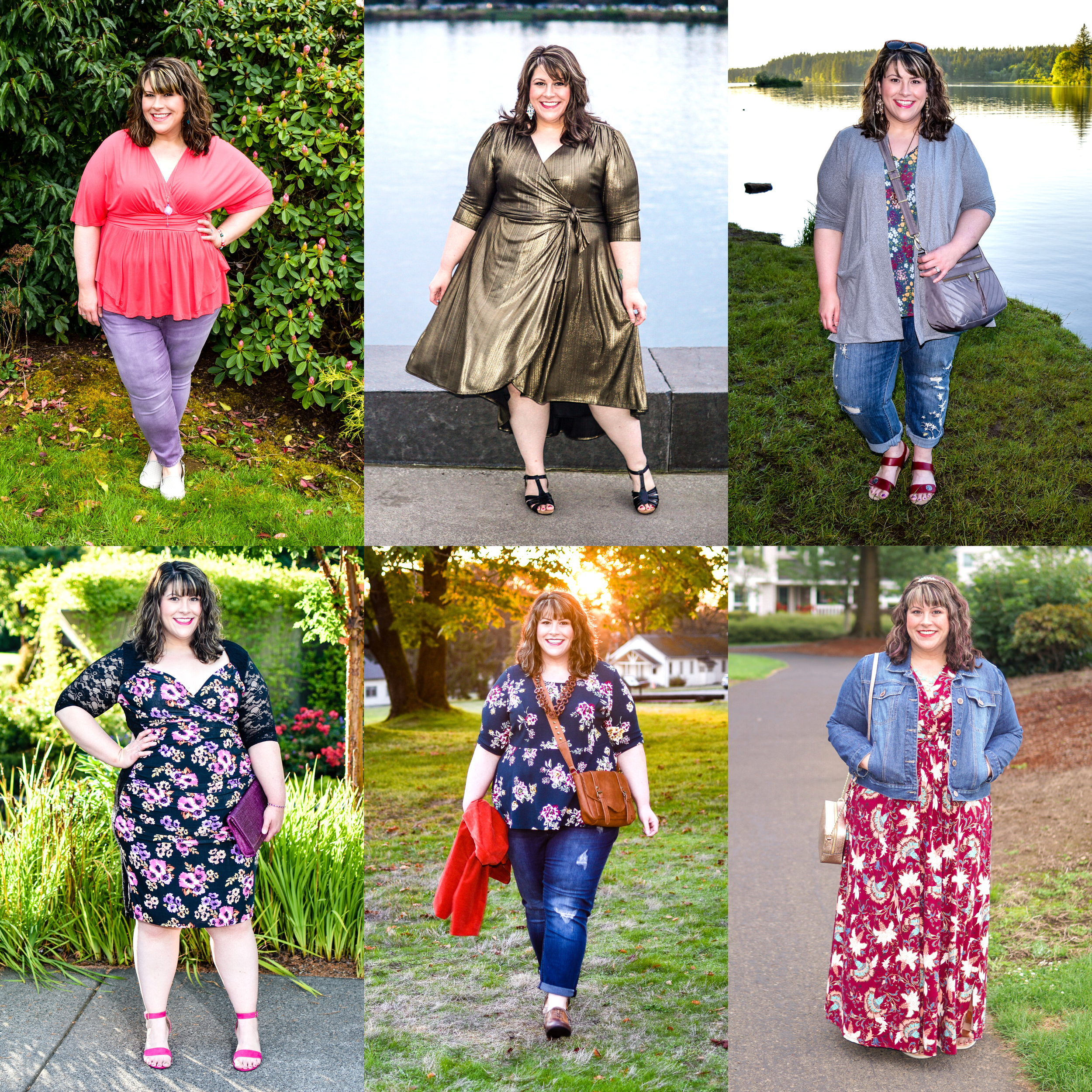 Series of six photos of a woman with shoulder-length curly brown hair posing outdoors in various outfits and settings.