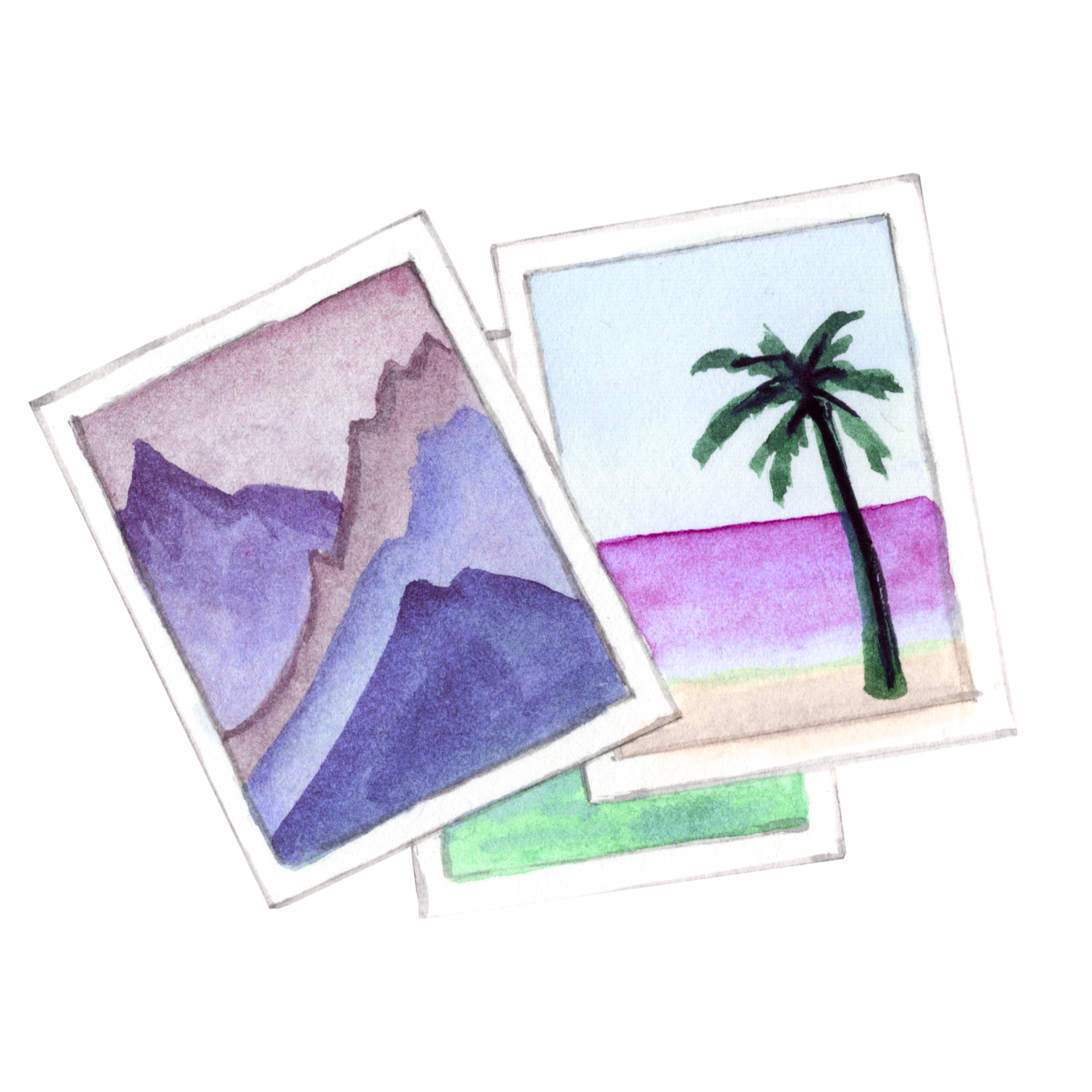 Watercolor paintings of a mountain landscape and a palm tree on a beach with pink and purple sky