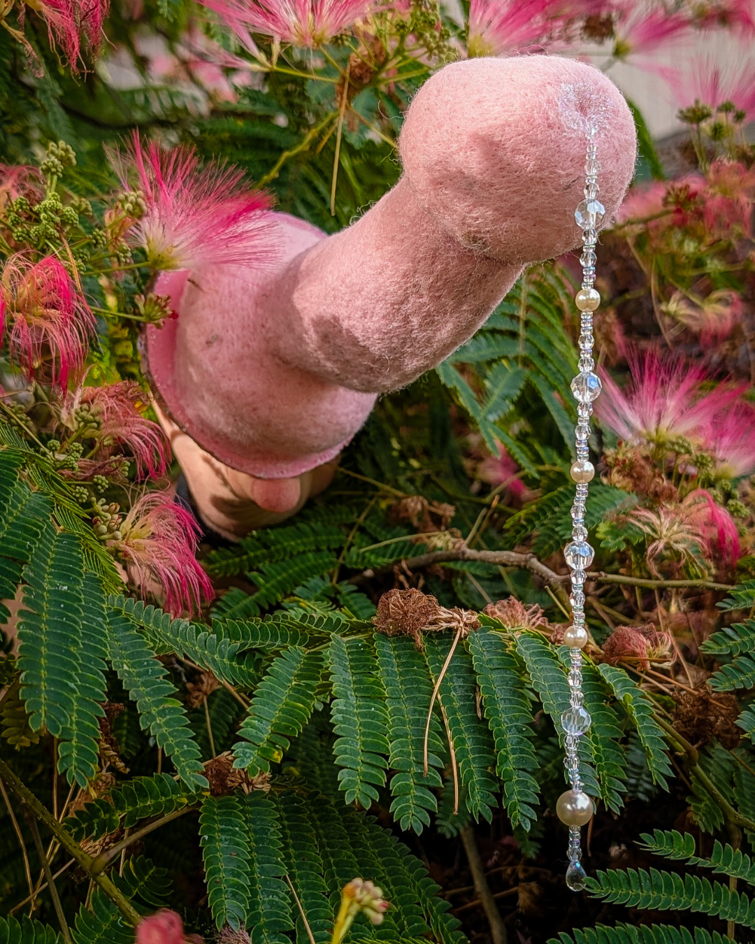 "Pink Pearl" 
(8" wall-hanging with beads and pearls)