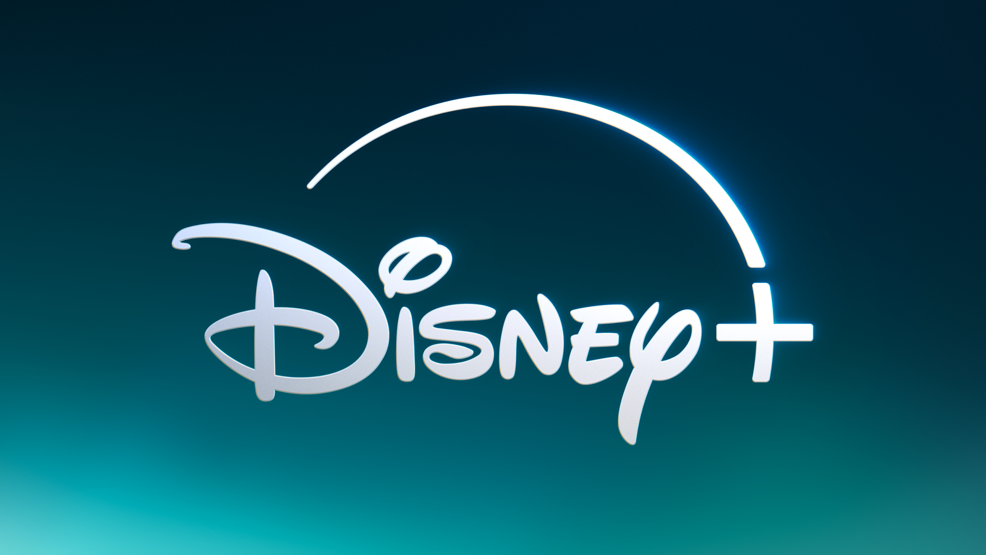 Disney+ logo with illuminated white text and a curved line above it, set against a dark blue background.