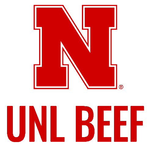 Large red letter 'N' with white outline and registered trademark symbol, below the text 'UNL BEEF' in red on a black background.