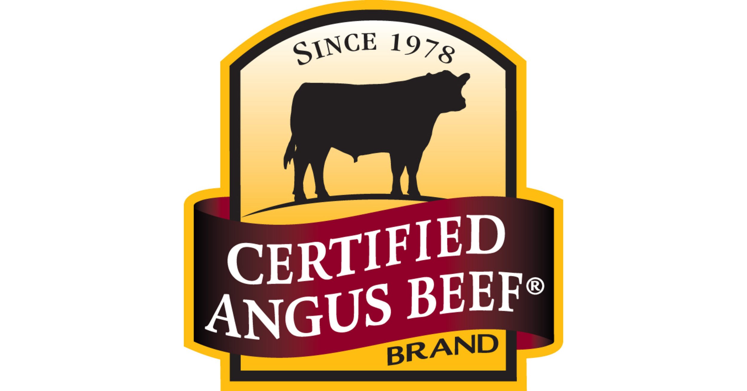 A badge with a black silhouette of a cow, text indicating 'Since 1978', and the words 'Certified Angus Beef' in white on a maroon background, outlined in yellow.