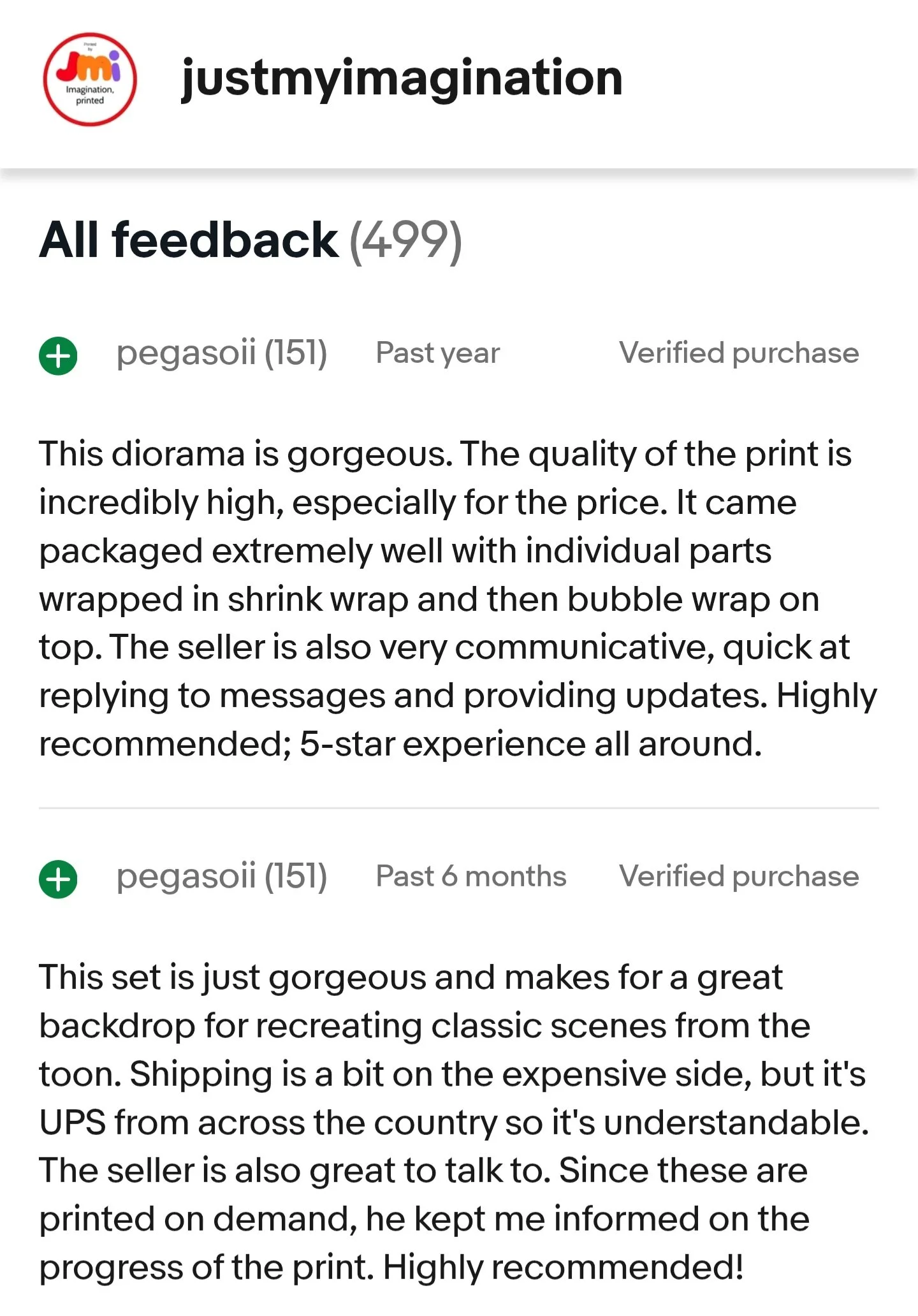 Screenshot of a product review page from JMI,LLC ebay store front retail website. The page includes reviews for a Diorama set, praising its high quality, packaging, and the seller’s communication. The reviews mention the set's aesthetic appeal and th