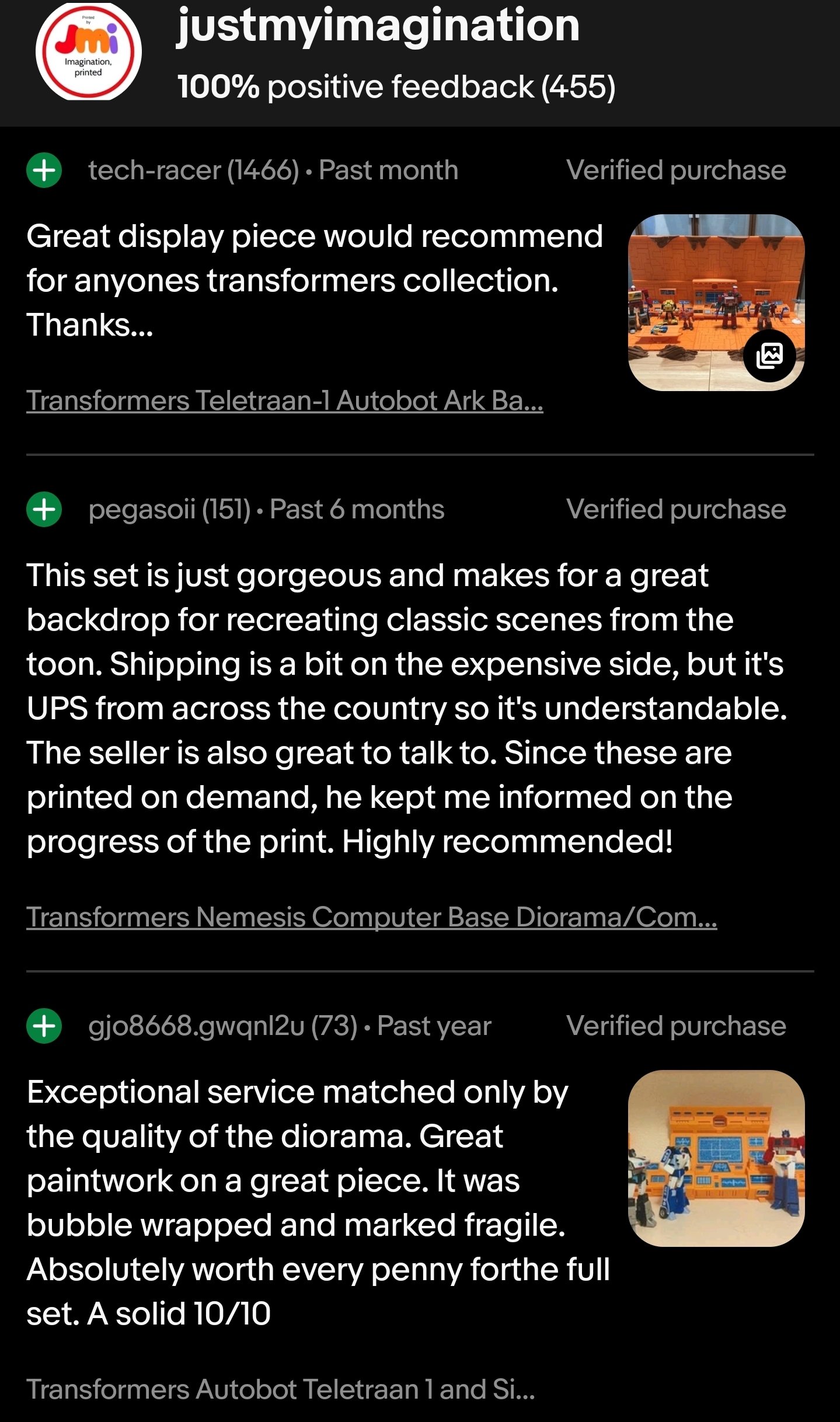 Screenshot of a reviews section from an online marketplace with three reviews for a Transformers display piece. The first review mentions it is recommended for Transformers collectors. The second review praises the set for recreating classic scenes a