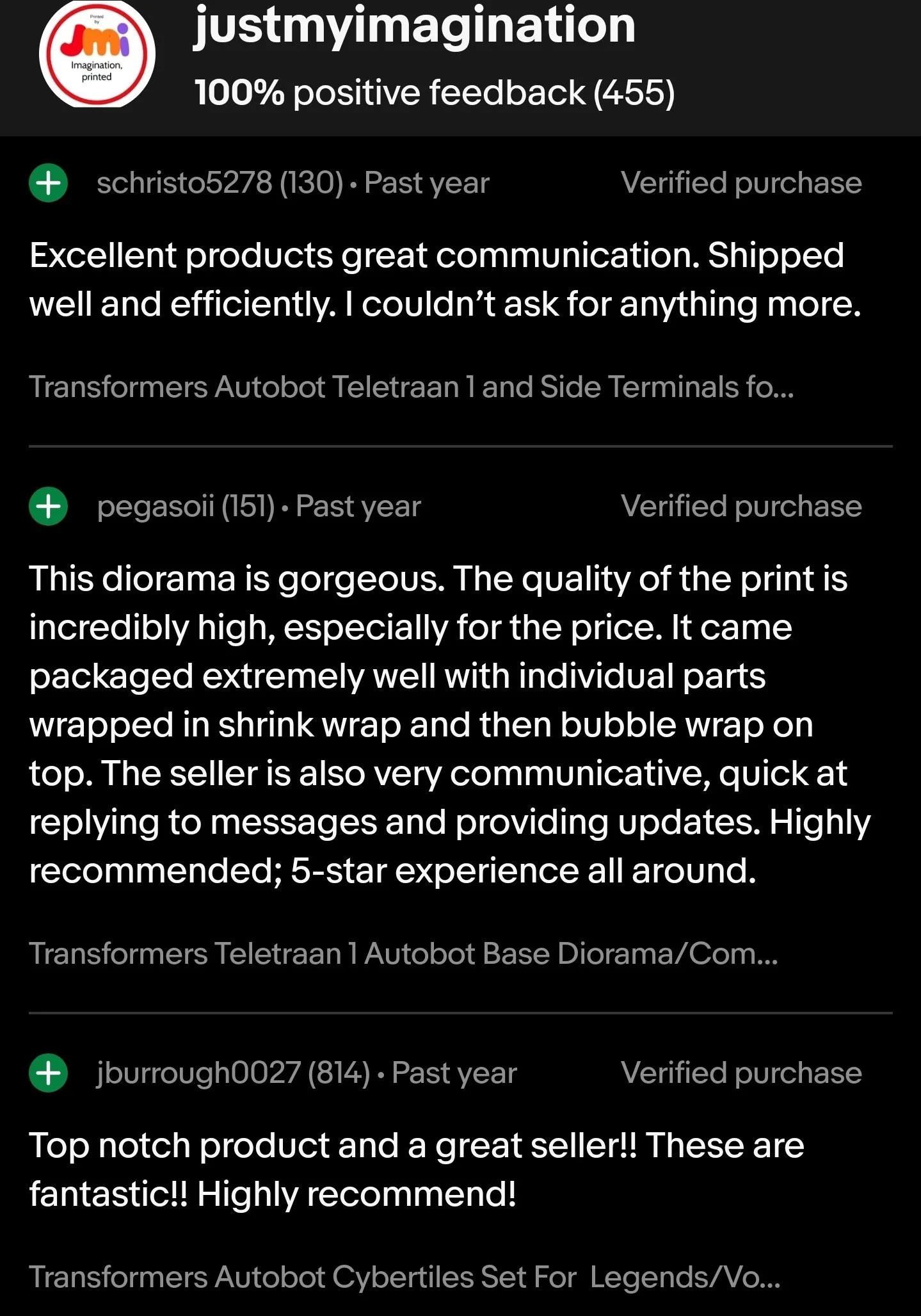 Screenshot of a positive feedback page for a seller called justmyimagination, showing multiple customer reviews praising products, communication, packaging, and seller responsiveness, with some reviews mentioning transformers toys and dioramas.