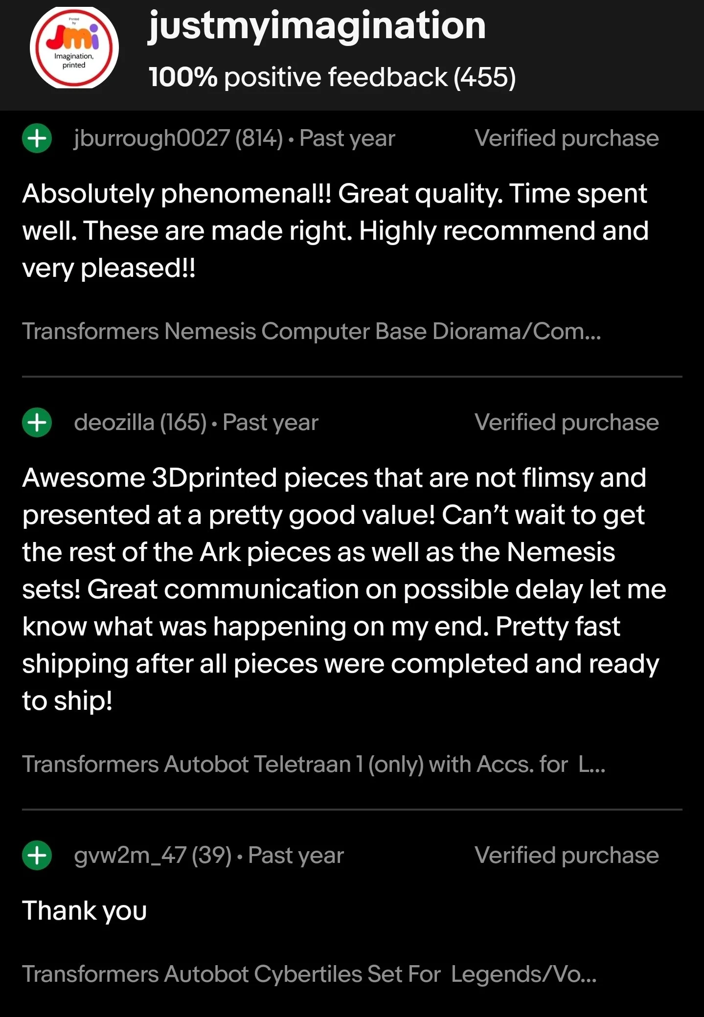 Screenshot of customer reviews for various Transformer-themed 3D printed collectibles on a website, showcasing positive feedback and descriptions about the quality and shipping of the items.