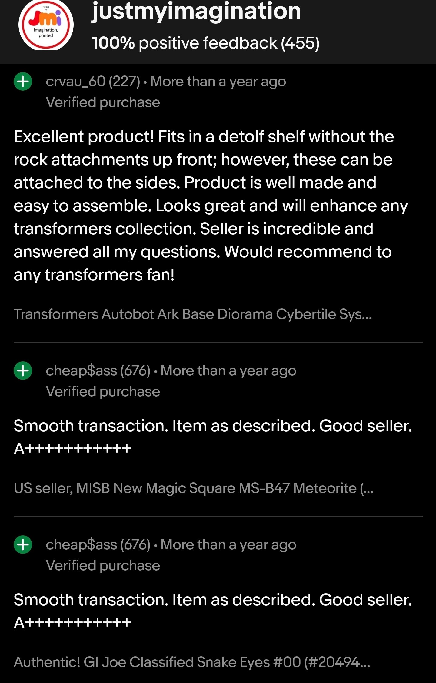 Screenshots of positive reviews from an online marketplace. The first review praises a Transformers Autobot Ark Base Diorama Cybertrile System for its quality and suitability for a collection, with a mention of quick communication from the seller. Th