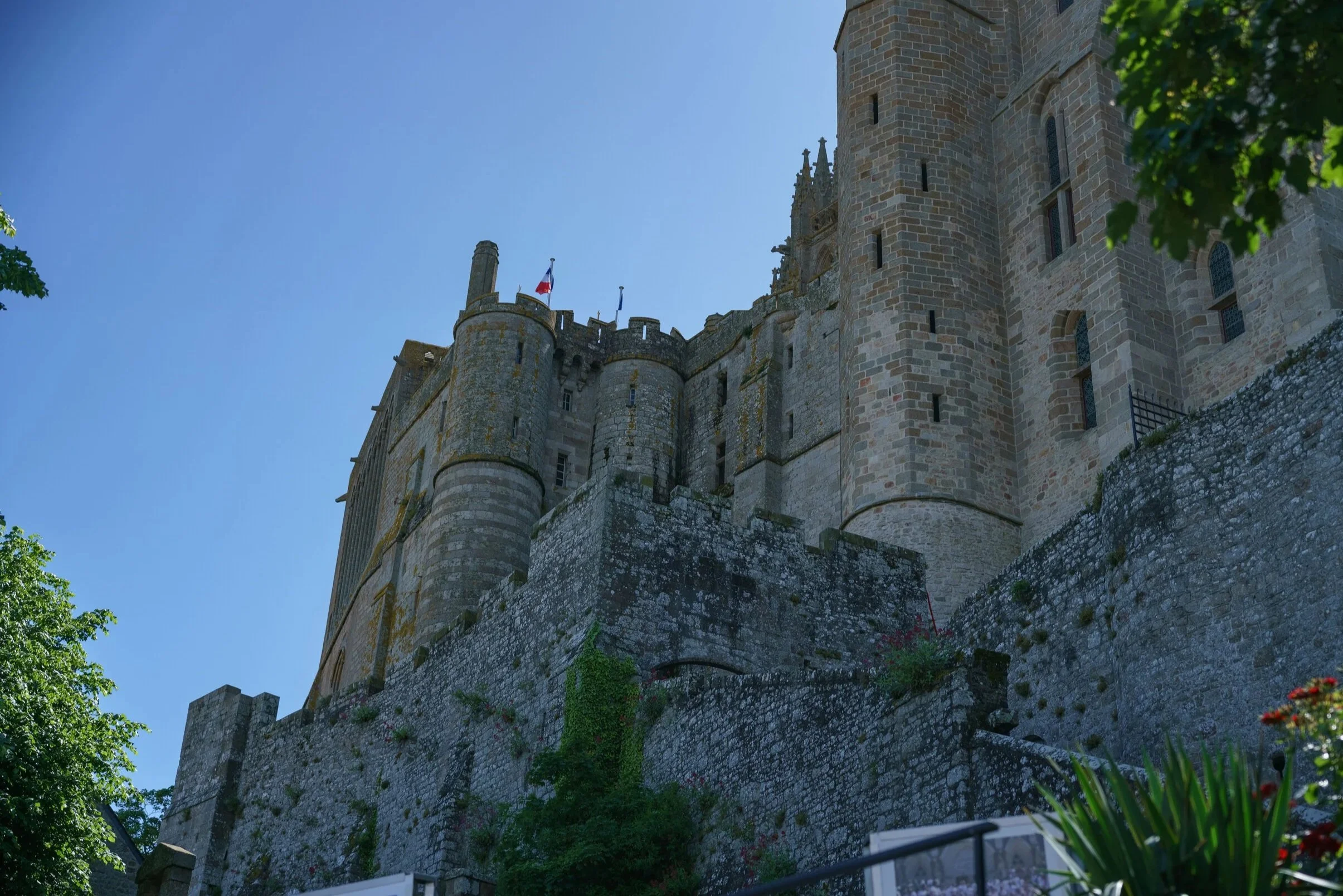 A large, historic stone castle on a hilltop under a clear blue sky, surrounded by greenery.